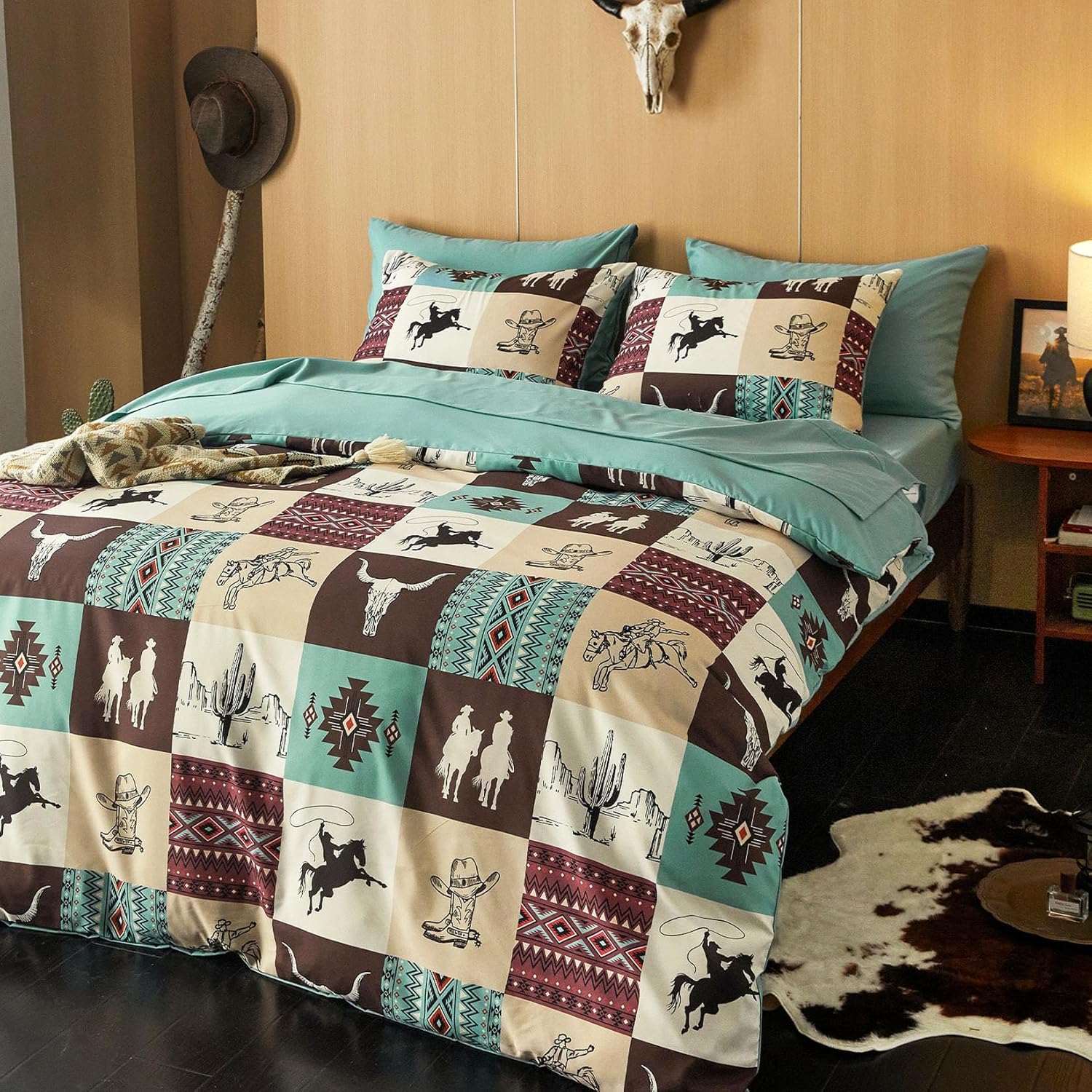 Wake In Cloud - Western Comforter Set with Sheets, Southwestern Aztec Country Horse Cowboy Rustic Ranch Style, 7 Pieces Bed in a Bag, Turquoise Taupe, Queen Size - Image 3
