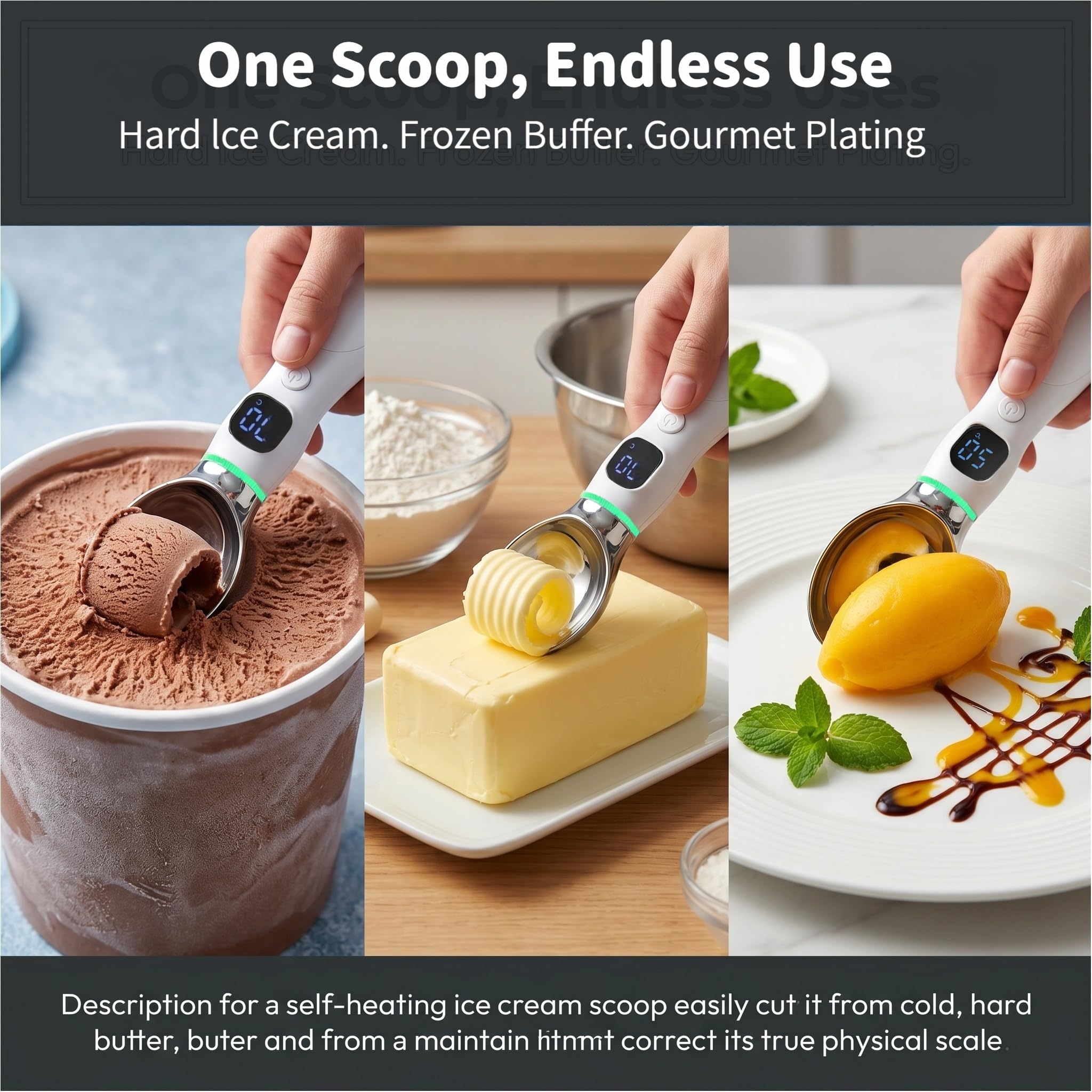 Cuillère à glace chauffante rechargeable, cuillère électrique chauffante avec écran LED et étanchéité IP67, chaleur réglable jusqu'à 70 °C pour crème glacée, gelato, sorbet, yaourt glacé, beurre ferme
