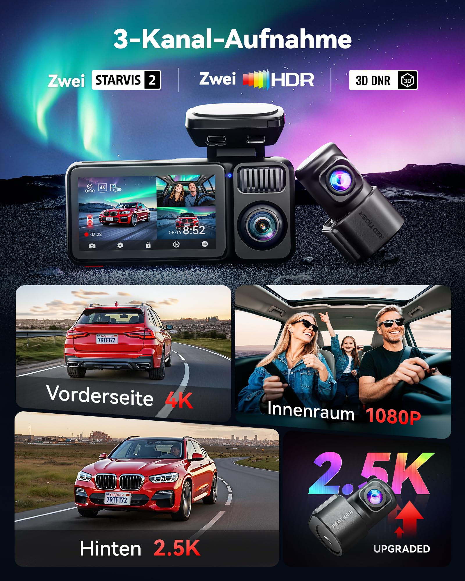 REDTIGER F17 Elite 4K 3 Kanal Dashcam Auto, STARVIS 2 IMX678 & IMX 675, 128GB Karte, Full Night Color, 4K+2.5K+1080P Vorne und Hinten Innen, Sprachsteuerung, 5GHz WiFi 6, GPS, HDR, Parkmodus
