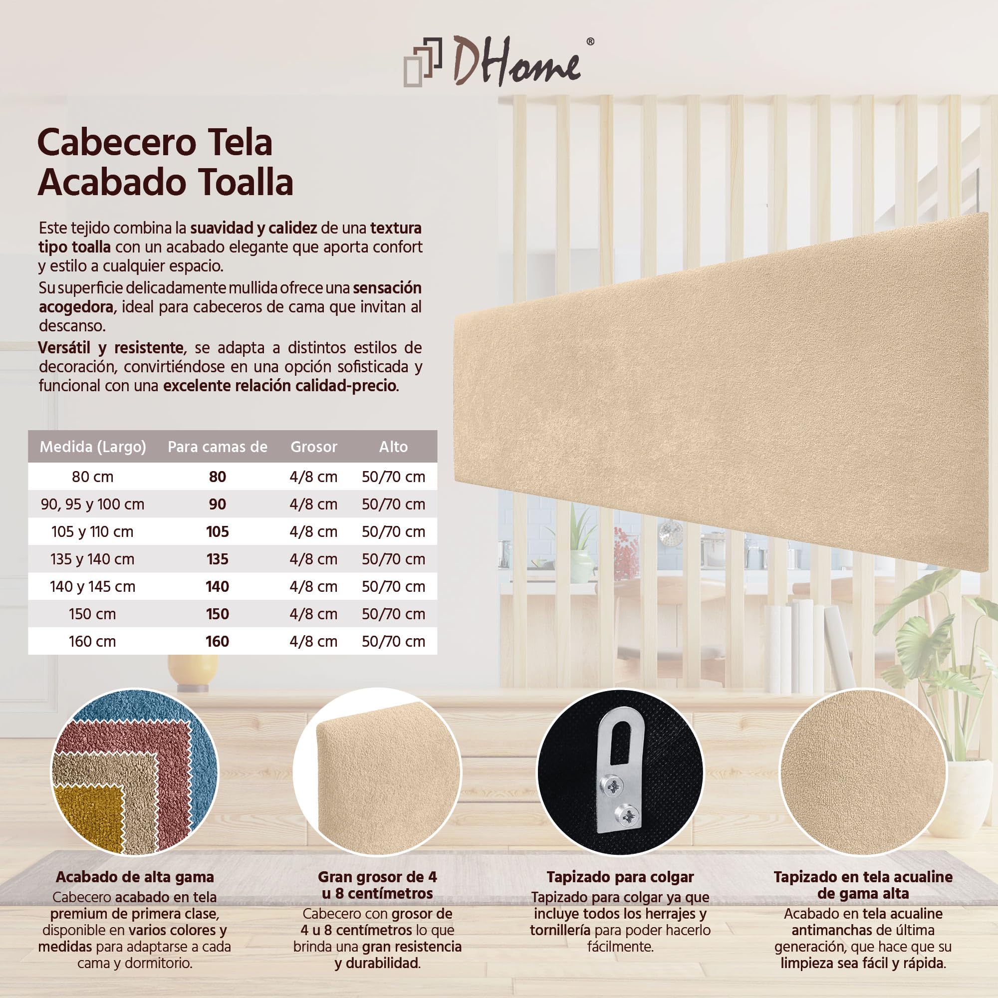 DHOME Testiera con Finitura in Spugna Soft Rivestimento Liscio in Tessuto Morbido Ideale per Pareti Acustiche e Testiere Fonoassorbenti da Letto (160cm, 4cm - 70 Al., Beige)