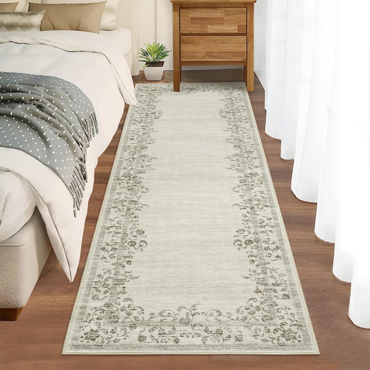 COZYLOOM Washable Runner Rug 2x6 Runners Floral Bathroom Rugs Boho Low Pile Small Non Slip Kitchen Runner Entryway Rug Stain Resistant Carpet for Living Room Bedroom, Cream 2'x6'