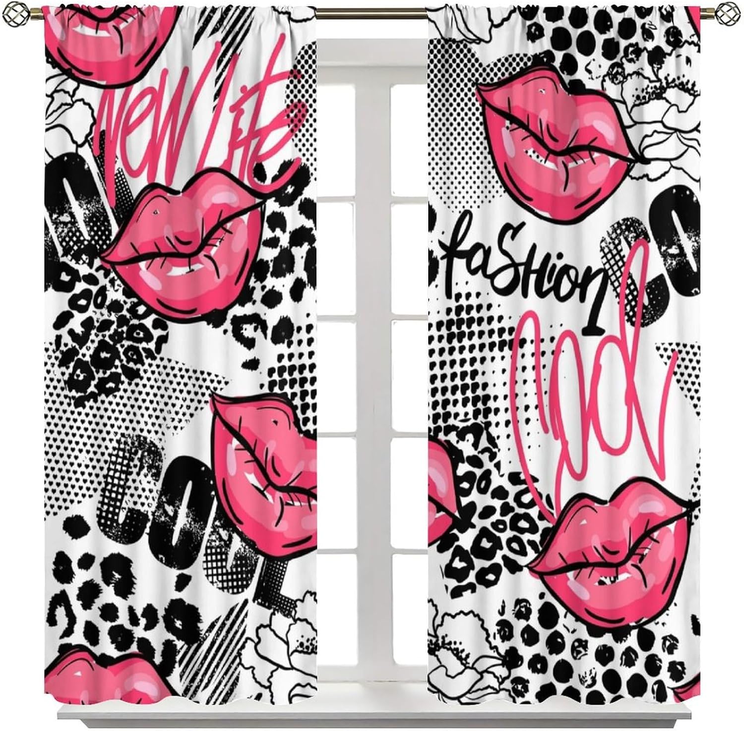 Red Women Lips Curtains Girls Abstract Graffiti Fashion Hello Gorgeous Romantic Lips Blackout Window Drapes for Bedroom Living Room Kitchen Cafe Decor （W21xL45 Inch） x2 Panels