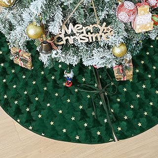 AVOIN colorlife Soft Plush Faux Fur Christmas Tree Skirt 48 Inch, Jacquard Green Xmas Star Pine Trees Winter Holiday Mat Decoration