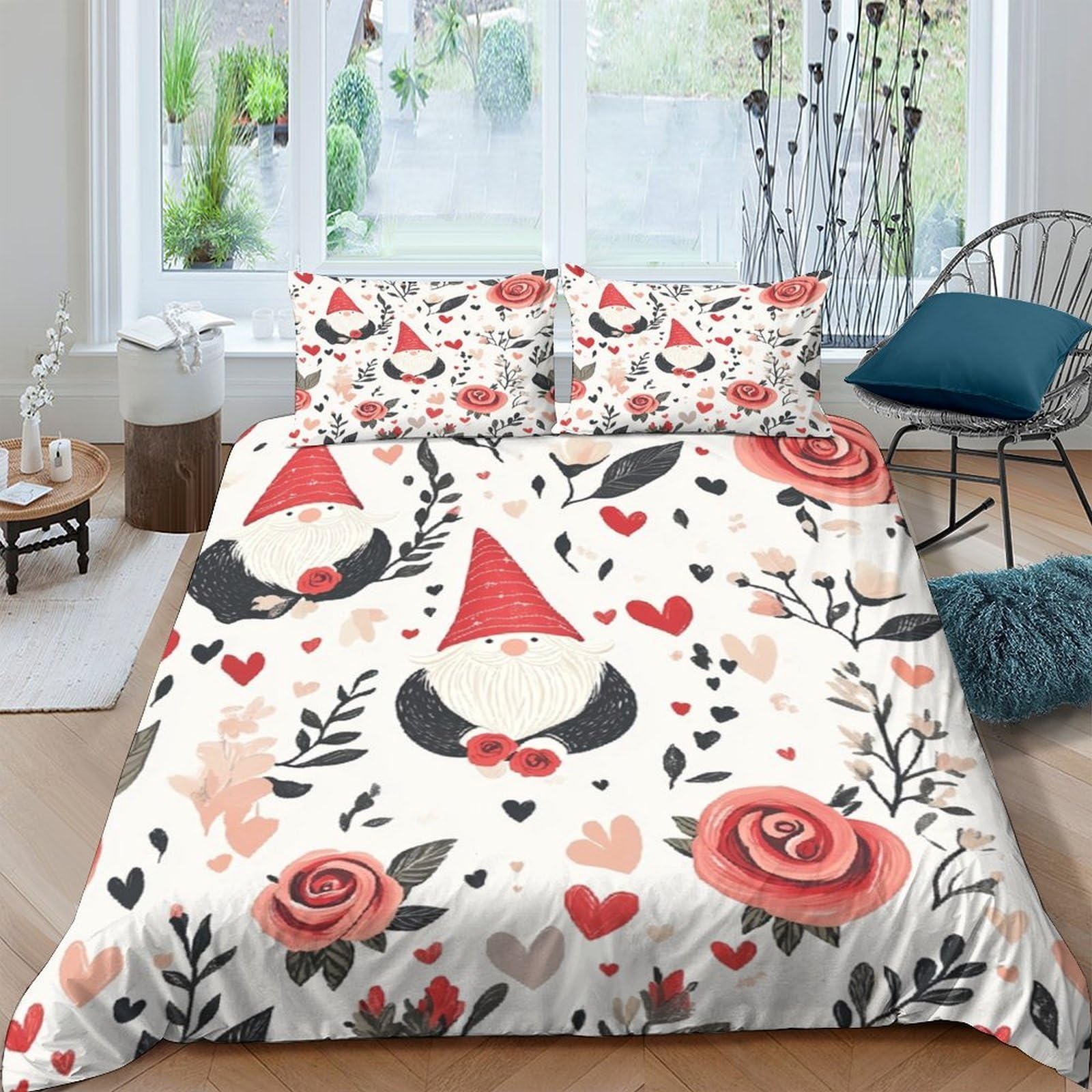 Ctjqhvkz Style-6 3D Printed Gnome Floral Fitted Sheet Microfiber Soft Pink Red Rose Hearts Mattress Cover For Bedroom Dorm Decor Single（135X200cm）