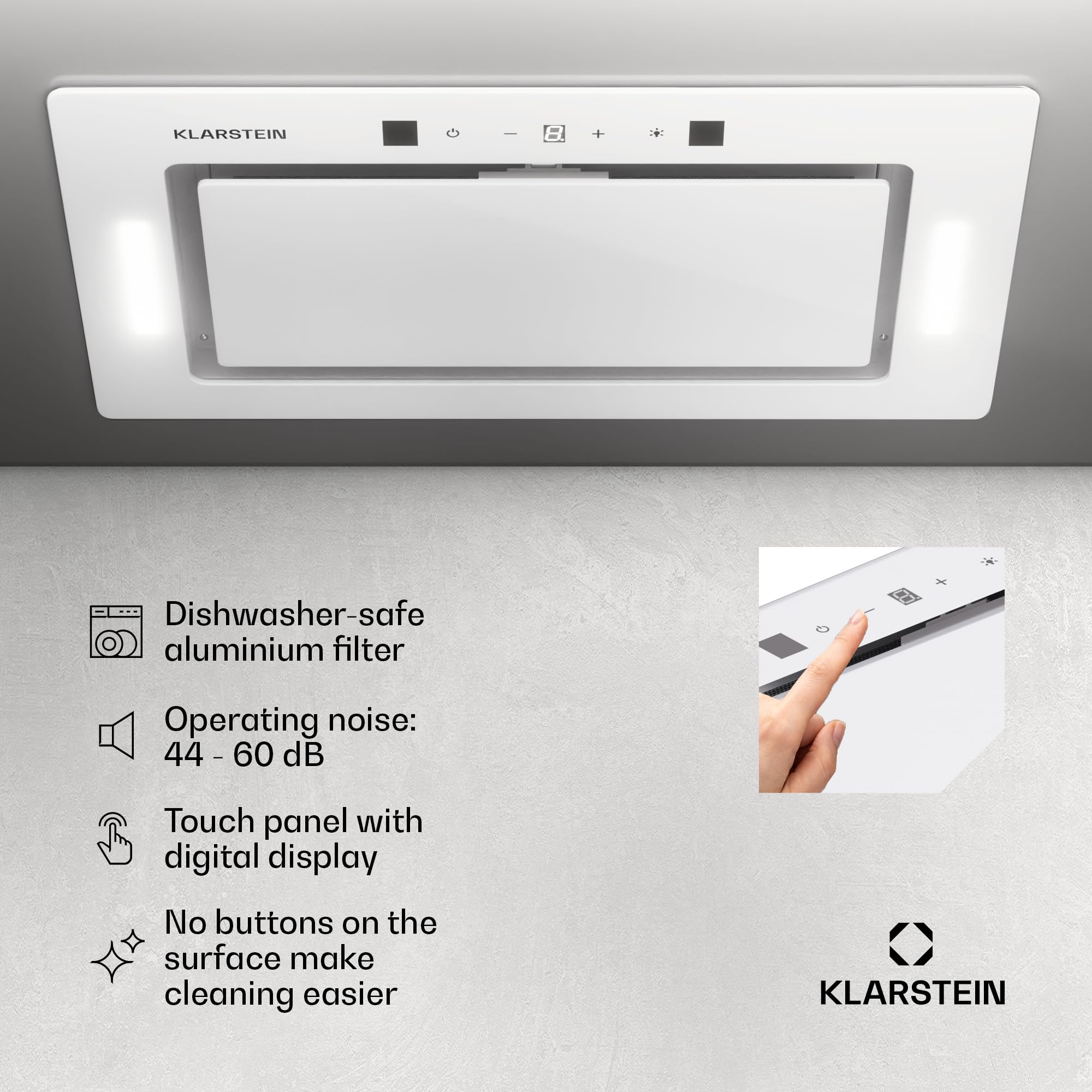 Klarstein Okap kuchenny, Okap wyciągowy/z recyrkulacją, z filtrem, Oświetlenie LED i panel dotykowy, Cichy z przepływem 466 m³/h, Wydajny ze stali nierdzewnej