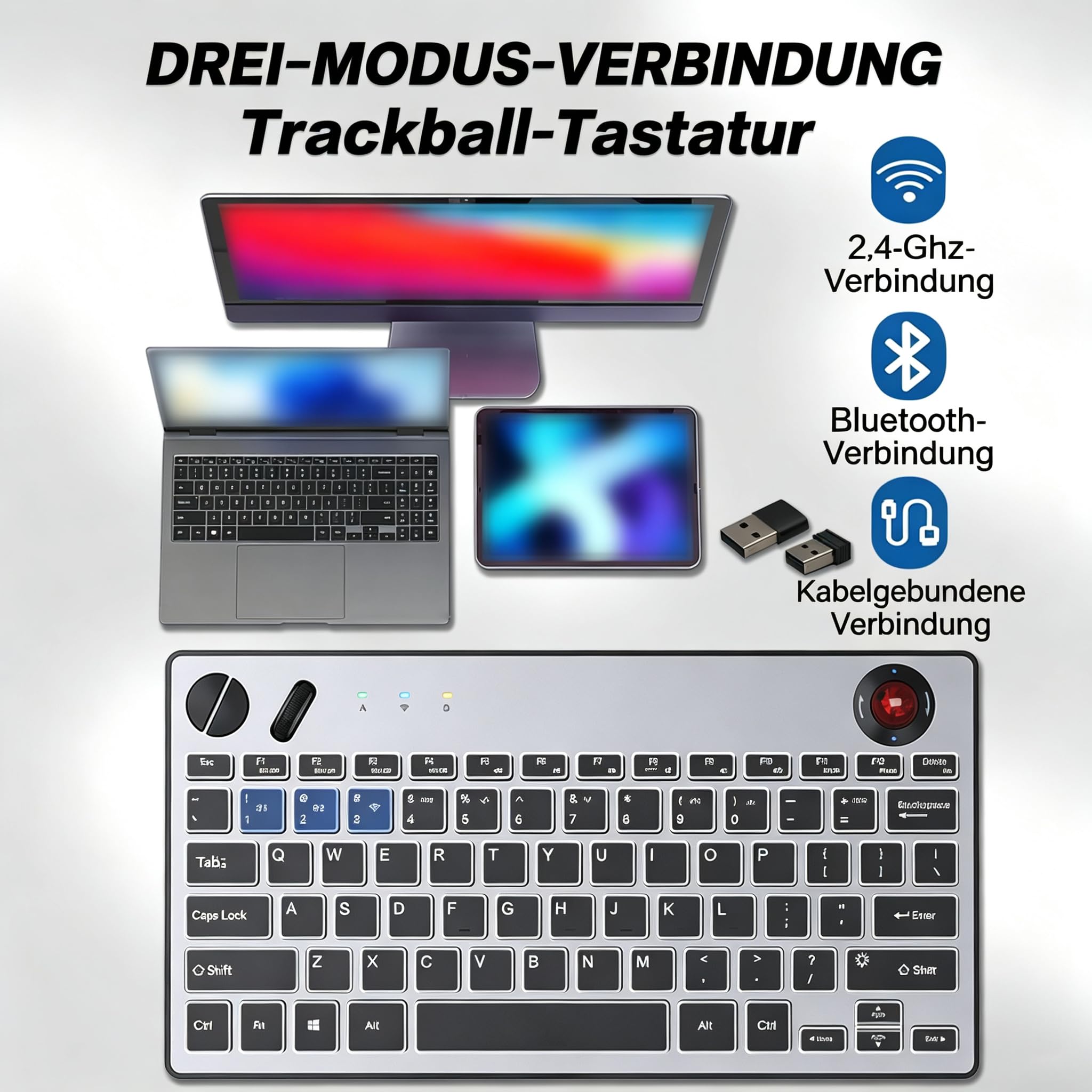 JOMAA Clavier trackball sans fil rétroéclairé à trois modes, 78 touches, 800-1600 CPI réglable, ergonomique, rechargeable, silencieux Bluetooth 5.4/2.4G/filaire