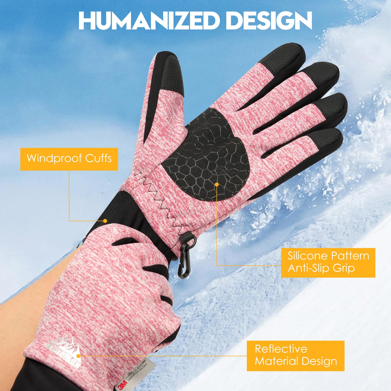 Bruvoalon W429 - Guantes de invierno para mujeres y hombres, aislamiento térmico 3M y revestimiento resistente al viento, pantalla táctil, antideslizantes para esquí, correr, ciclismo, senderismo