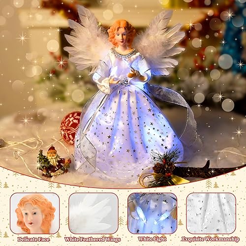 Miniatura 4 de Decoración de árbol de ángel de Navidad con alas de plumas blancas, adorno de estrella de ángel de Navidad con 10 luces LED marfil claro para