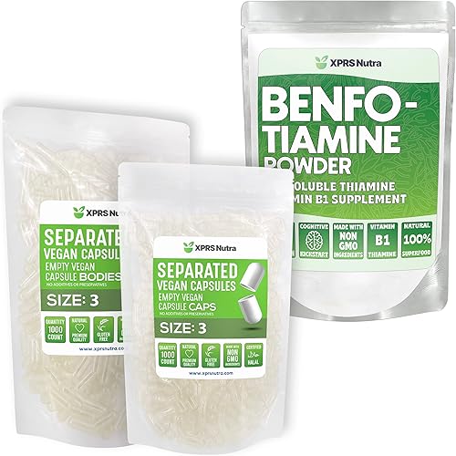 XPRS Nutra Paquete de 3 cápsulas de tamaño separado (1000 unidades) con polvo de benfotiamina (1 onza)