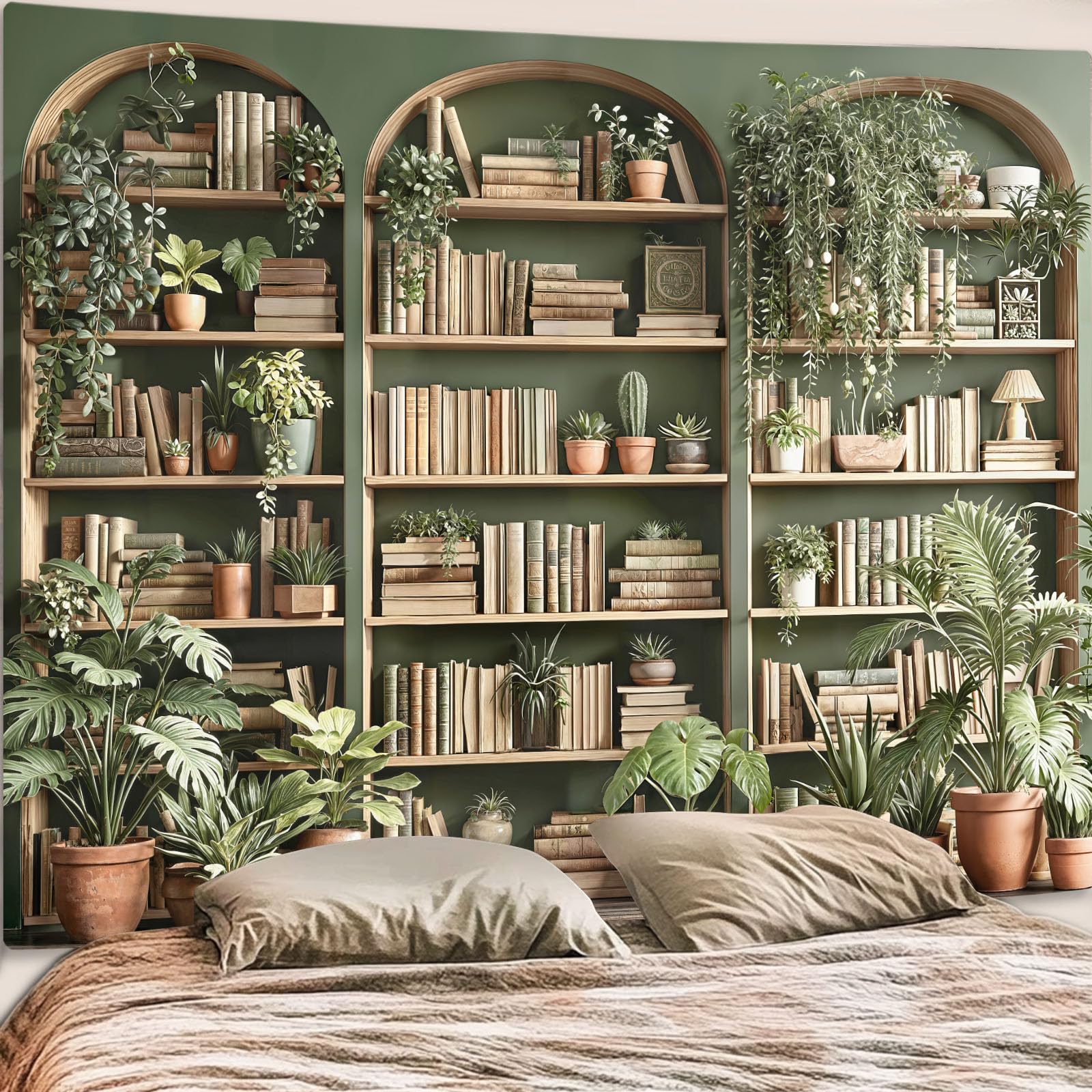 Accnicc Botanical Bookshelf Tapestry Lush Green Plant Book Shelf Tapestries Wall Hanging Art Vintage Retro Potted Plants Academics Library Book Tapestry for Bedroom Living Room Dorm 80 x 60 inch: Sage Green 80"L x 60"W