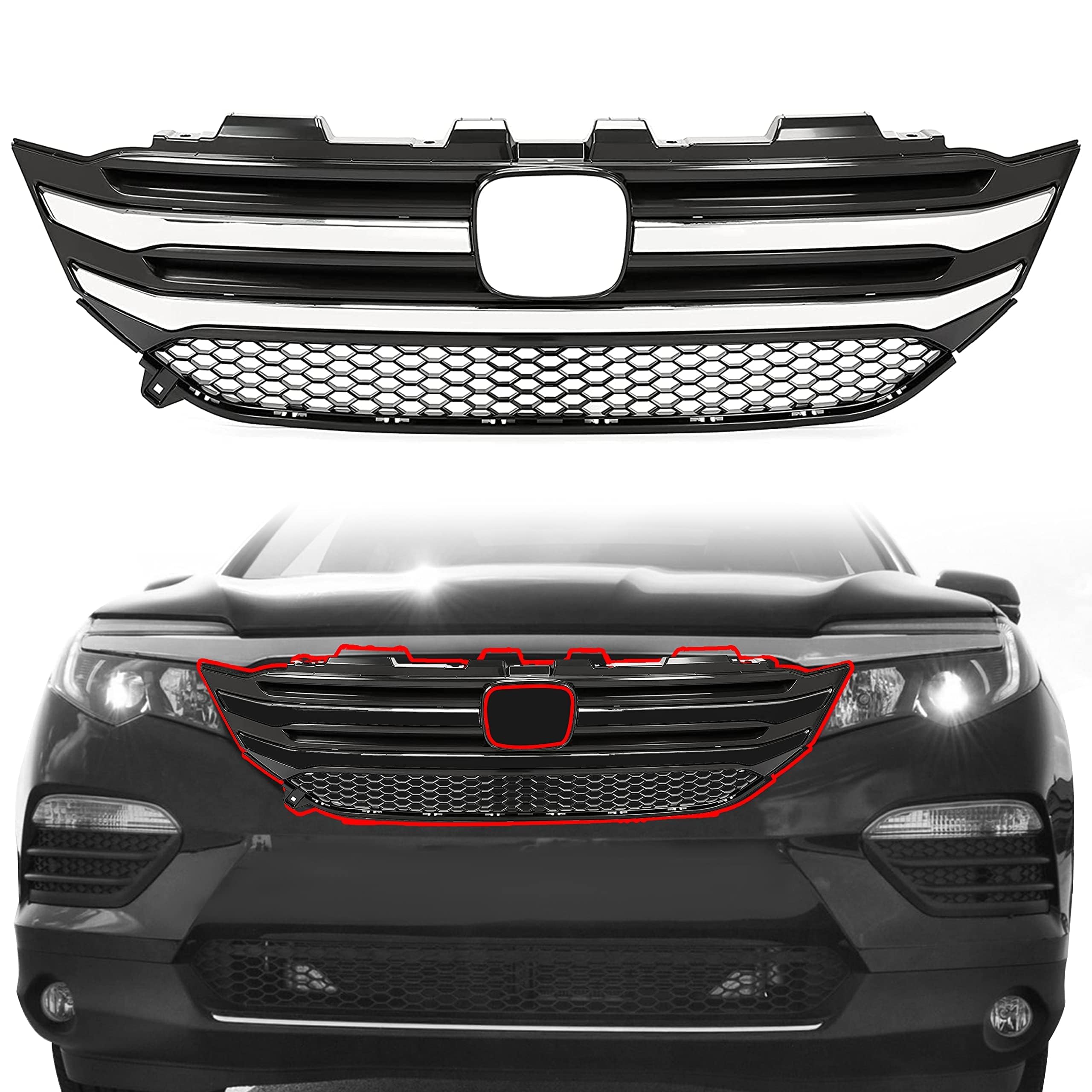 Kojem Front Upper Grill Grille Compatible with 2016-2018 Honda Pilot Bumper Grill W/Chrome Molding Trim