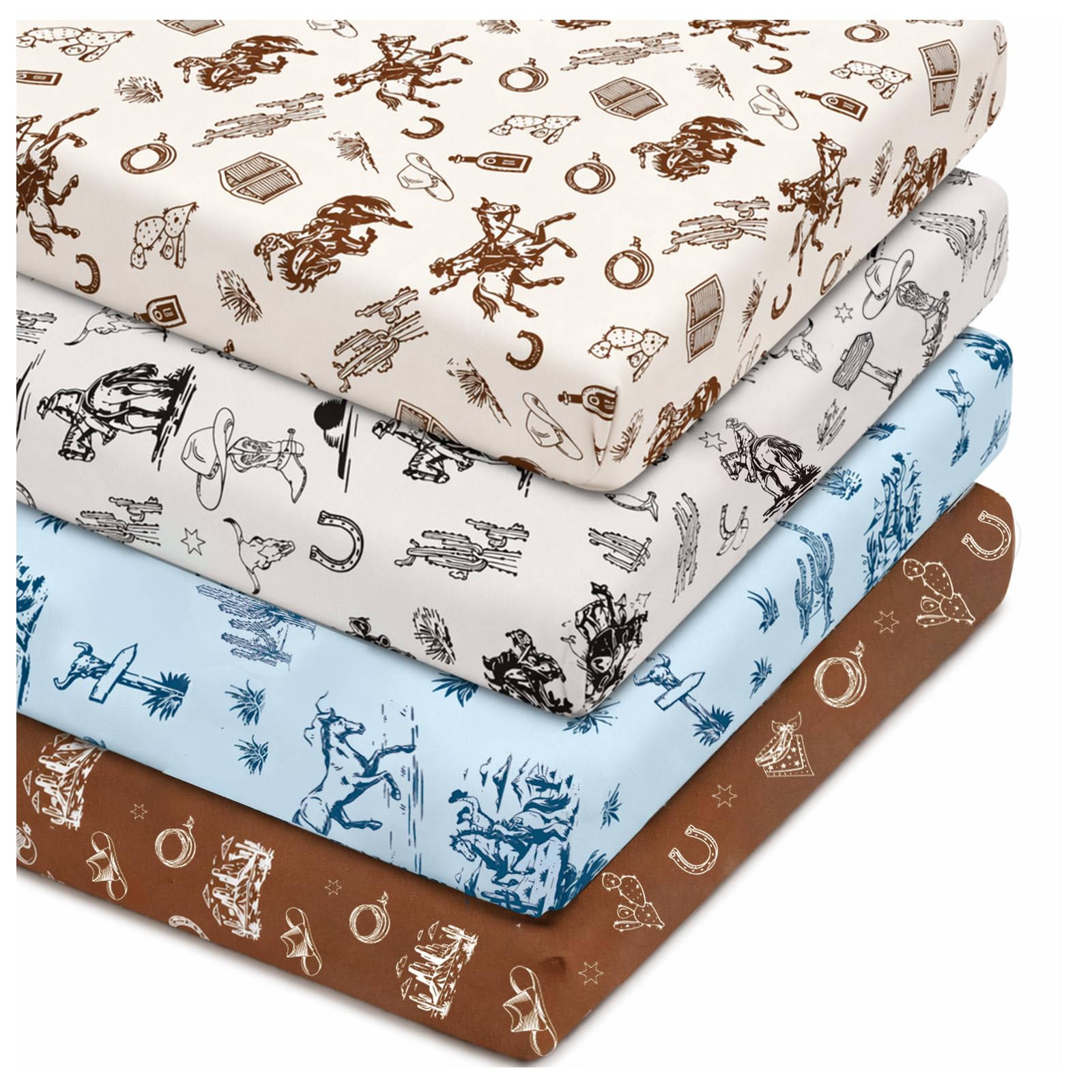 4 Pack Vintage Western Crib Sheets Set - Fits Standard 52"x28"x8" Crib &amp; Toddler Mattress, Soft Breathable Polyester Baby Nursery Bedding, Retro Cowboy Horse Cactus Print Fitted Sheets for Boys