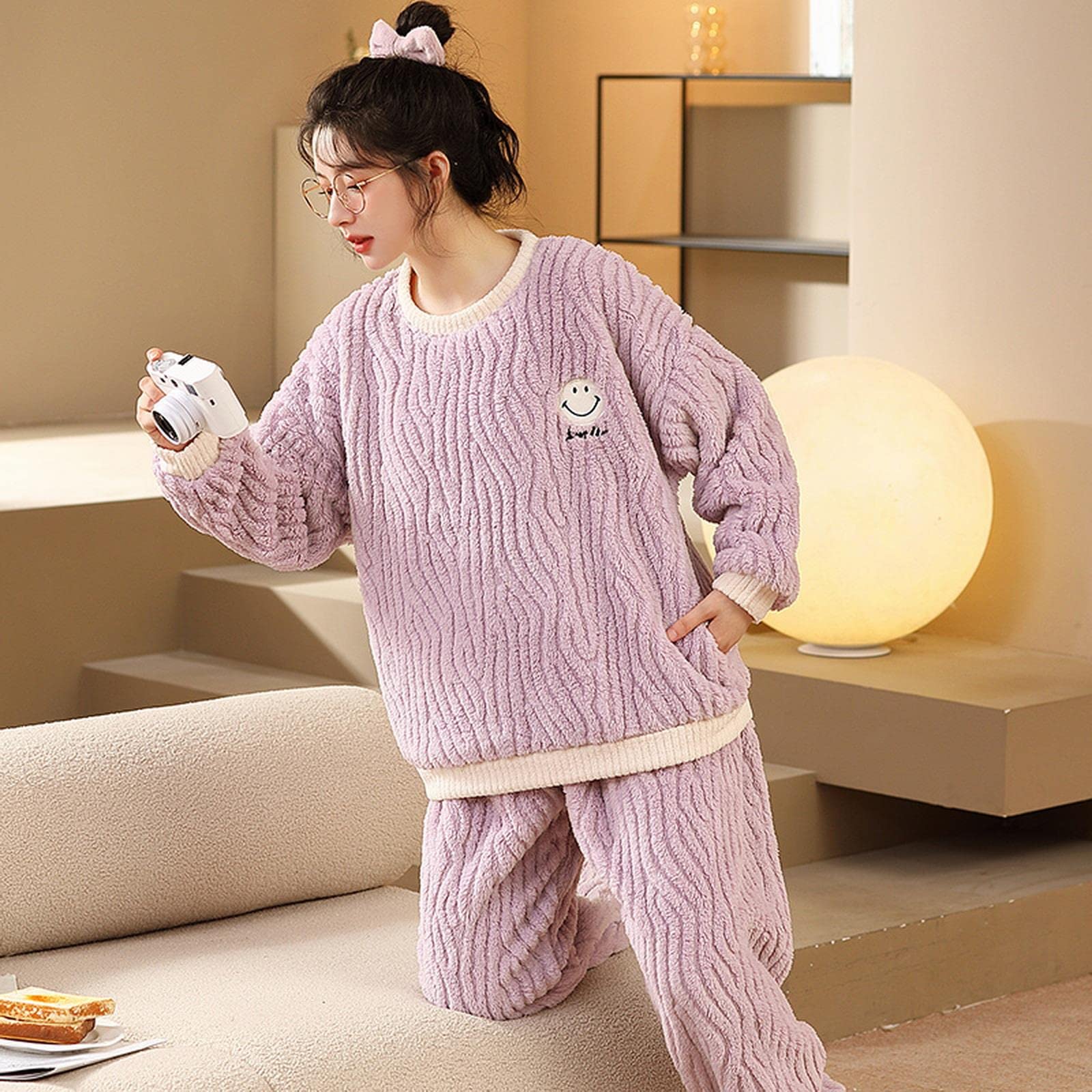 TOBILE Pijama de franela de invierno para mujer, conjunto de pijama de felpa jacquard cálido grueso para el hogar, pantalones de dos piezas, pijama 9904, M