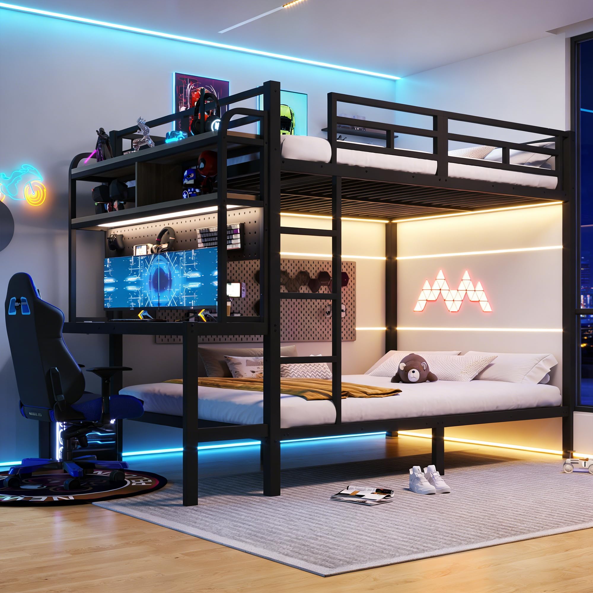 Letto a soppalco 140x200cm con luce LED e porta USB,metallo letto a castello matrimoniale con scrivania e vano portaoggetti,ringhiera di sicurezza,scaletta,ferro Letto per bambini,senza materasso,Nero