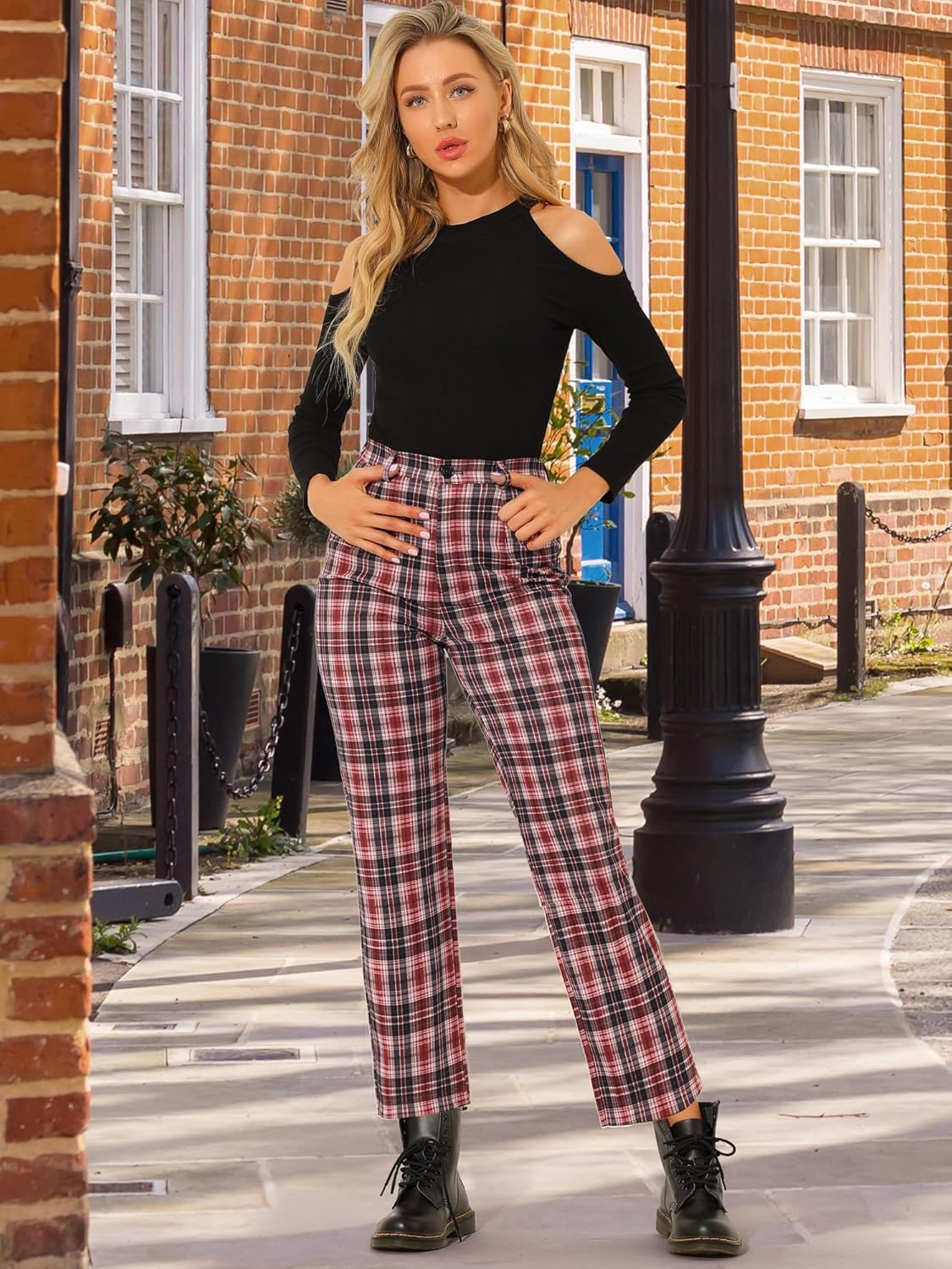 Allegra K Women's Plaid Pants High Waisted Vintage Tartan Checkered Cropped Casual Work Pants - Image 3