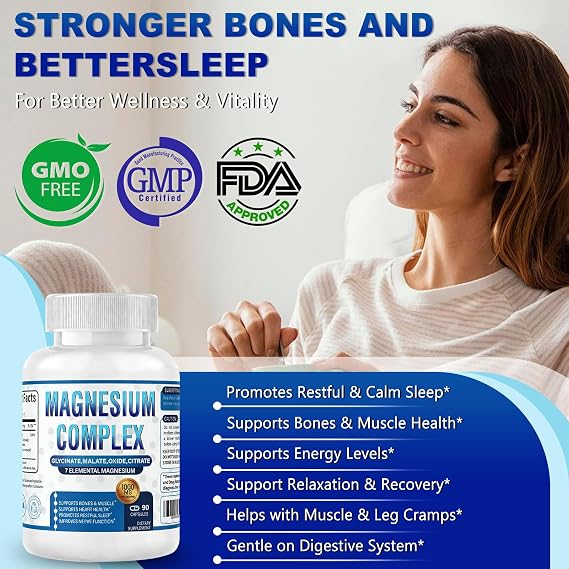 Magnesium Complex Supplement 7 Elemental 1000mg - Magnesium Glycinate, Citrate, Malate, Taurate, Chelated for Easy Absorption for Bones, Muscle, Recovery, Energy, Vegan Non-GMO 90 Capsules