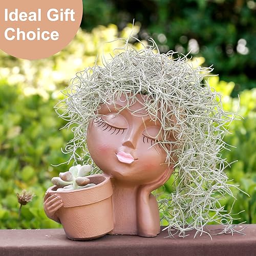 Miniatura 6 de Macetas de cara para plantas de interior y exterior, macetas dobles para flores suculentas con agujeros de drenaje, ideas de regalo ideales (dama