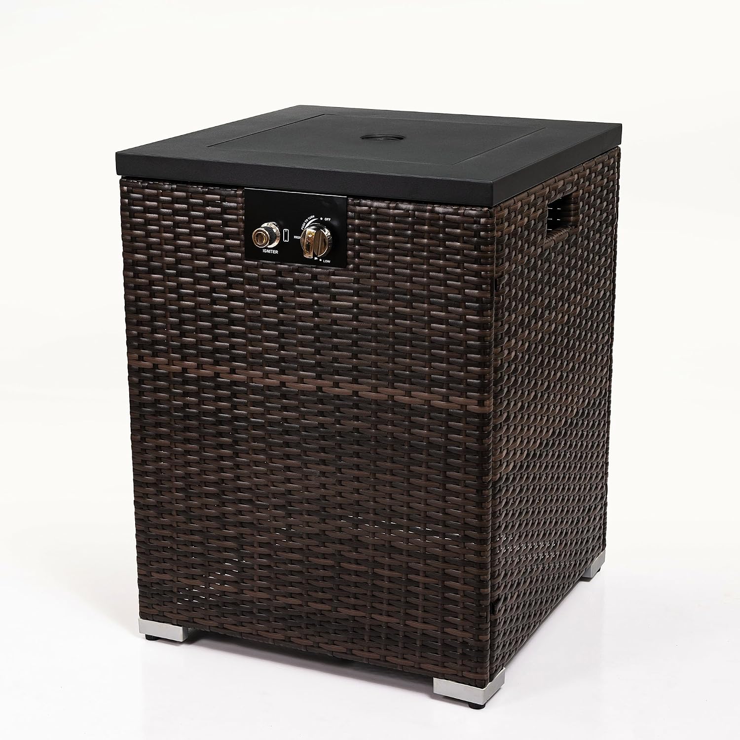 Outdoor Propane Fire Pit Table for Outside Patio, 21 Inch Wicker Fire Pit Table with Wind Guard, Column Gas Fire Pit for Garden, Pool, Backyard, 40,000 BTU, Tank Inside, Dark Brown