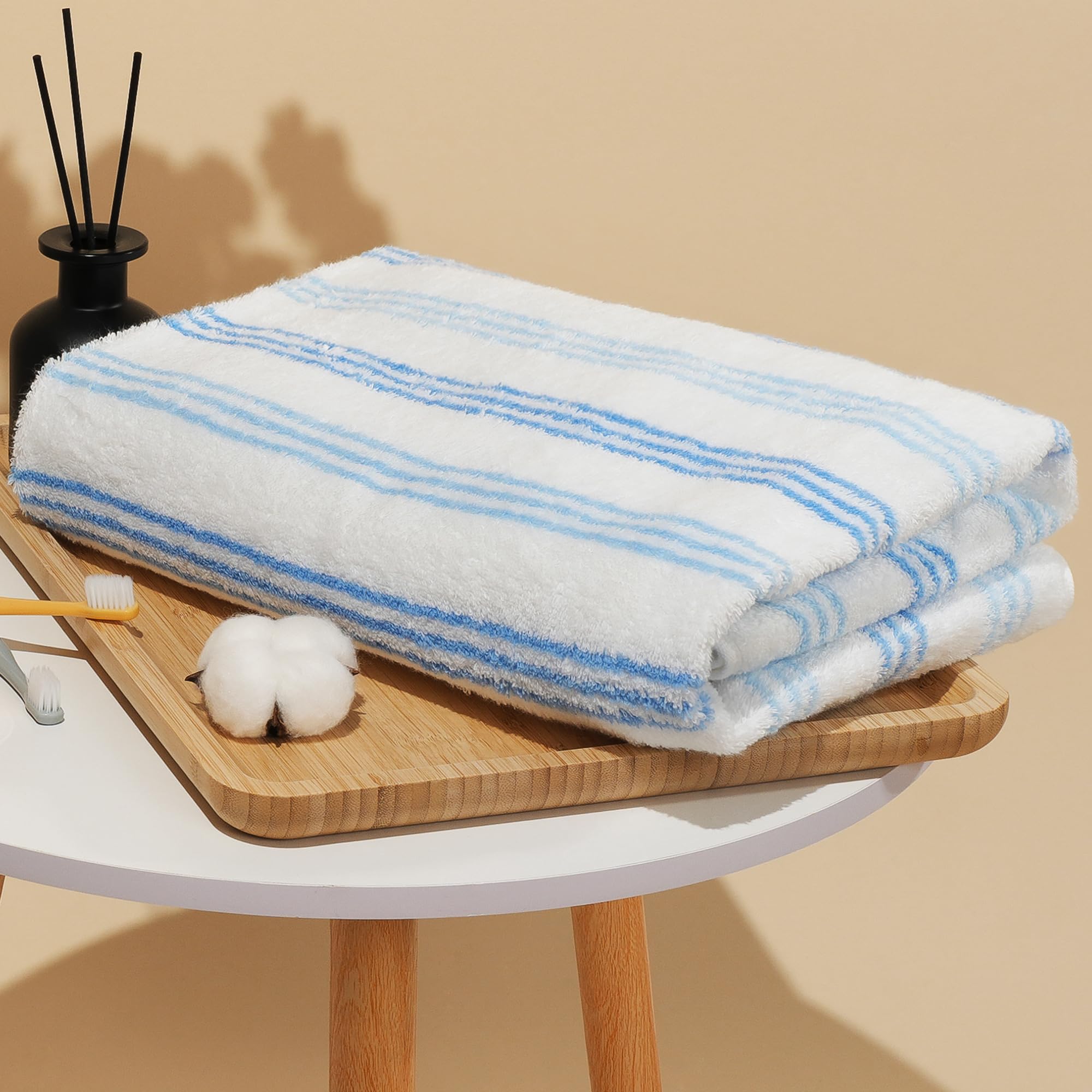 Vie TRIOMPHE Blue Striped 100% Cotton Zero Twist Yarn Bath Sheet & Bath Towels Beach Towel 70x140cm Ultra Soft Quick Dry Highly Absorbent For Bathroom Spa Pool Gym Travel Luxury Hotel Use
