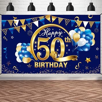 Happy 50th Birthday Banner Decorations for Men, Blue Gold 50 Birthday Backdrop Party Supplies, 50 Year Old Birthday Photo Background