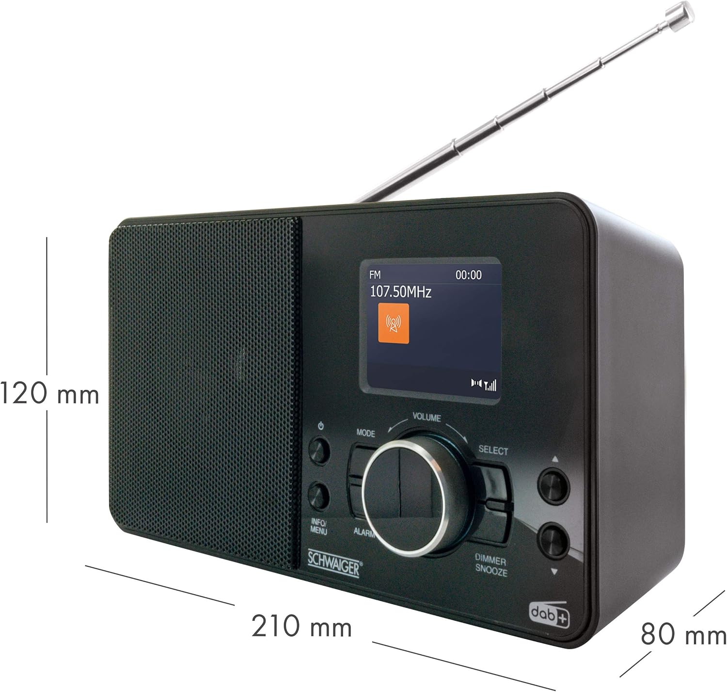 Front view of SCHWAIGER DAB400 513 Digital Radio with labeled features: 2.4 inch LCD color display, radio reception via FM and DAB/DAB+, and wake-up function