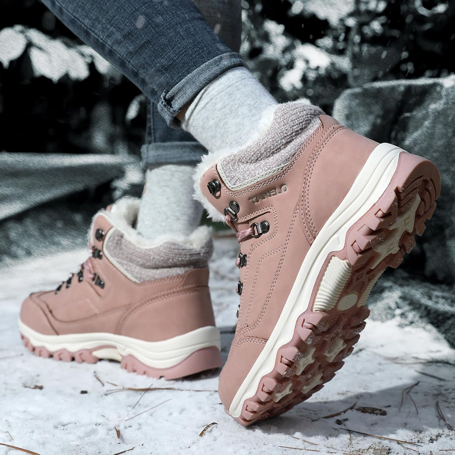 TARELO Womens Hiking Boots Fur Lined Snow Shoes Winter Warm Ankle Booties Lady Non Slip Walking Fashion Boot