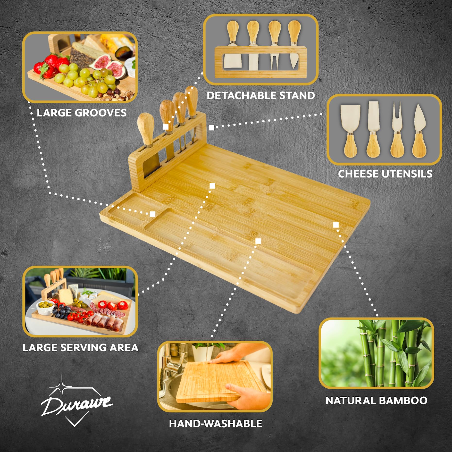 Bambusowa deska do serów z 4 nożami i zdejmowanym uchwytem – półmisek do serwowania z przegródkami na przekąski, Charcuterie Board na aperitif, degustację wina i pomysł na prezent do kuchni