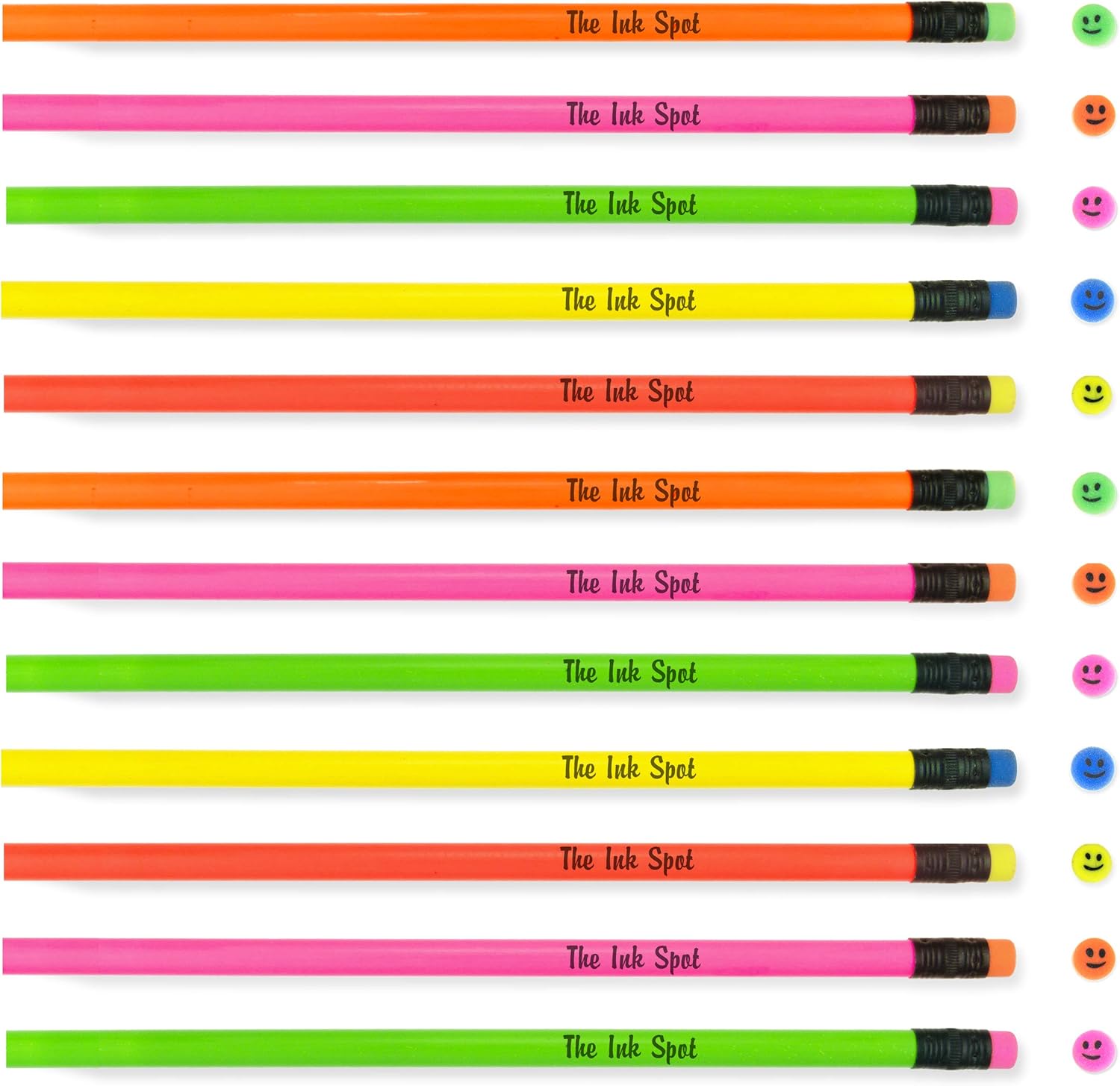100 Personalized Neon Pencils with Smiley Face Erasers, Custom Printed. USA Made. PMA Certified