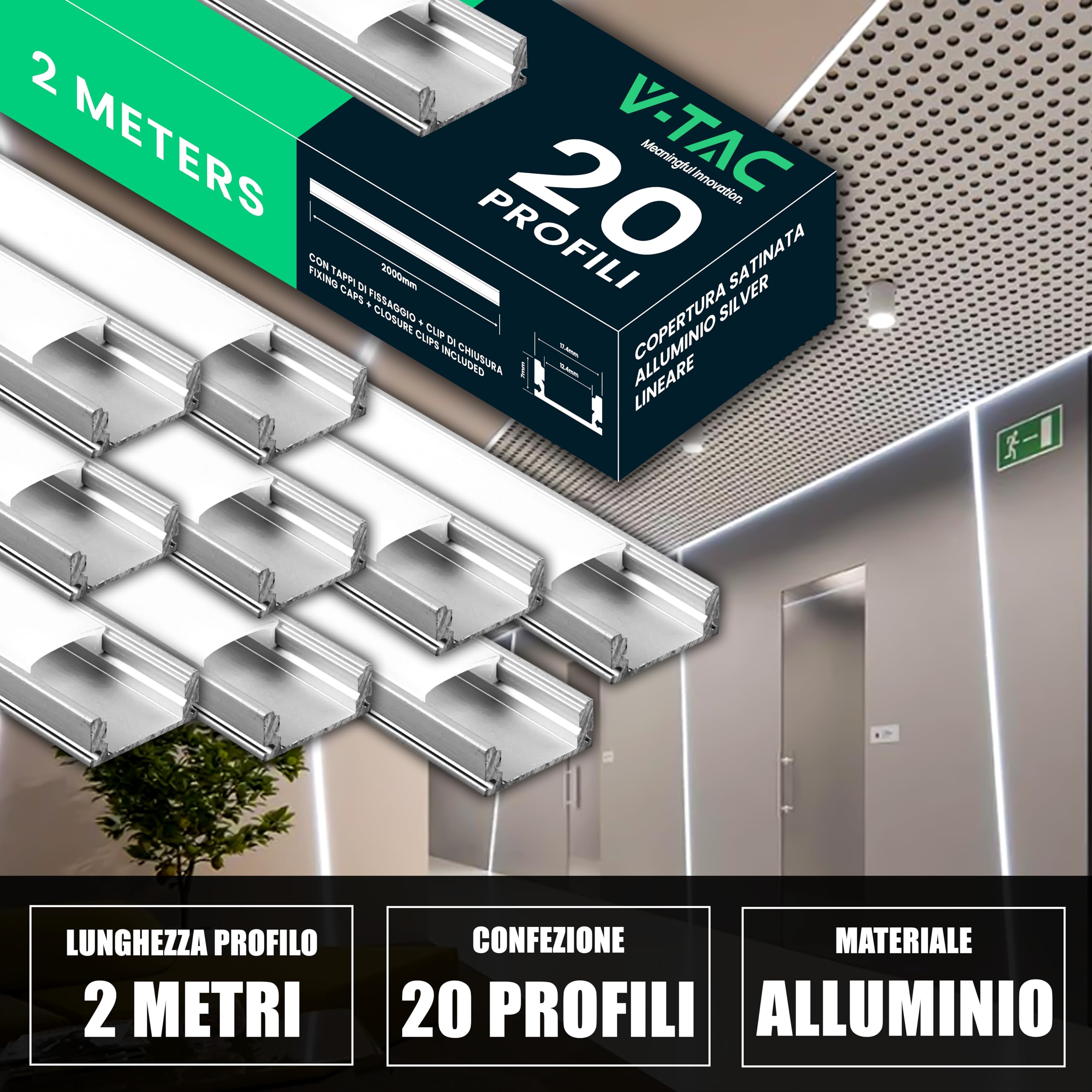 V-TAC – 20 Profili In Alluminio Per Strisce LED Da 2 Metri (40 M Totali), Rettangolari, Copertura Opaca, Larghezza Max 12,4 Mm, 17,4x7 Mm