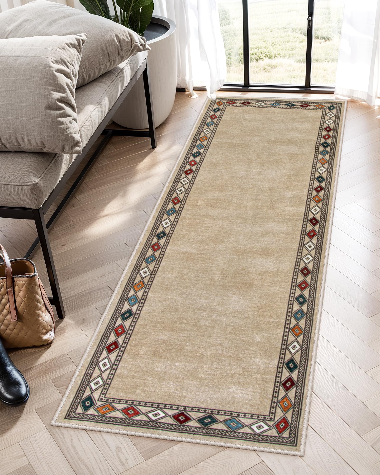 Lahome Modern Bordered Kitchen Runner Rugs Non Skid Washable, 2x6 Runners for Hallways Non Slip Ultra-Thin Hallway Rug, No Shedding Soft Carpet for Entryway Laundry Room Bedroom (2x6ft,Beige