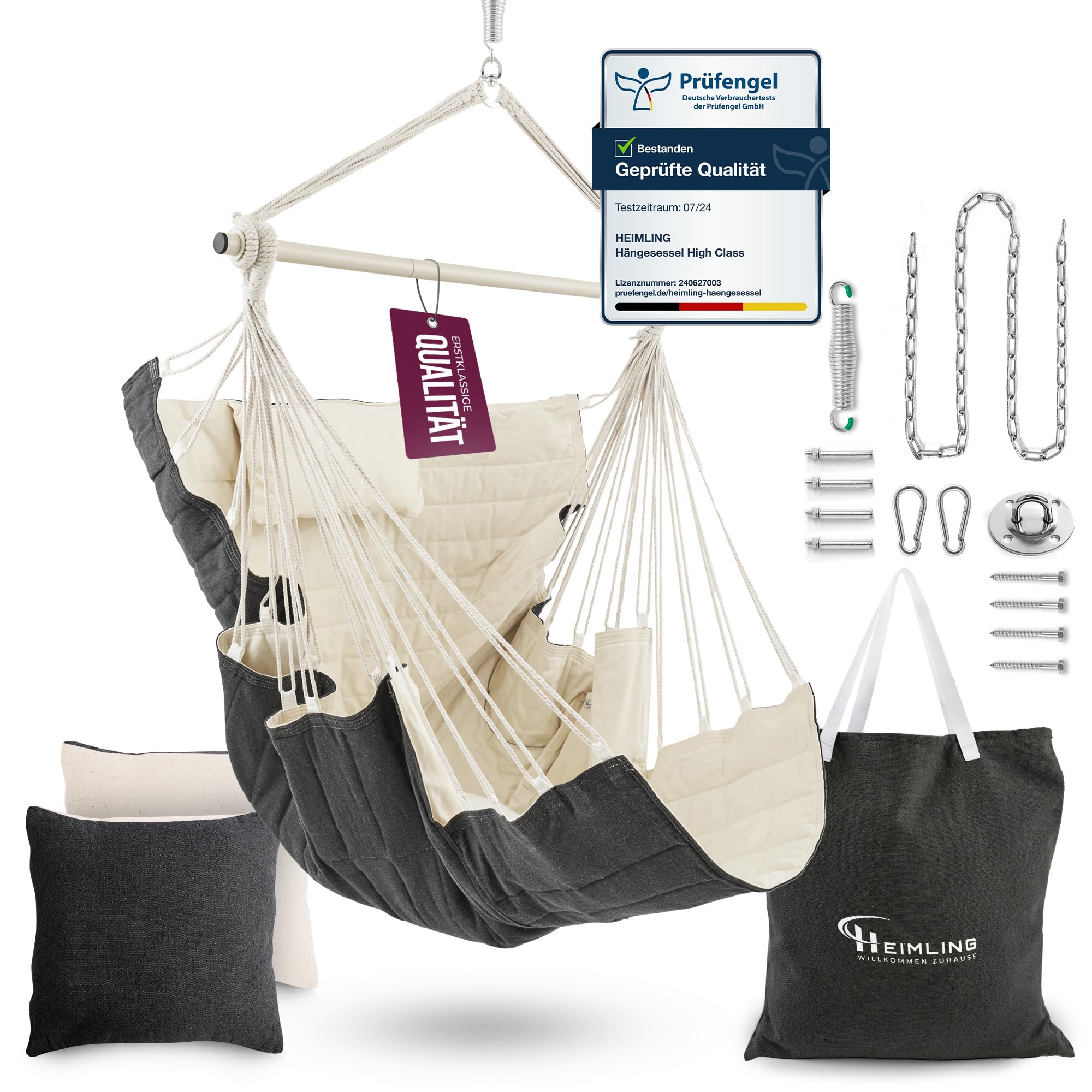 Heimling Fauteuil suspendu XXL haut de gamme pour intérieur et extérieur Paquet tout compris avec suspension + 3 coussins Salon, chambre à coucher