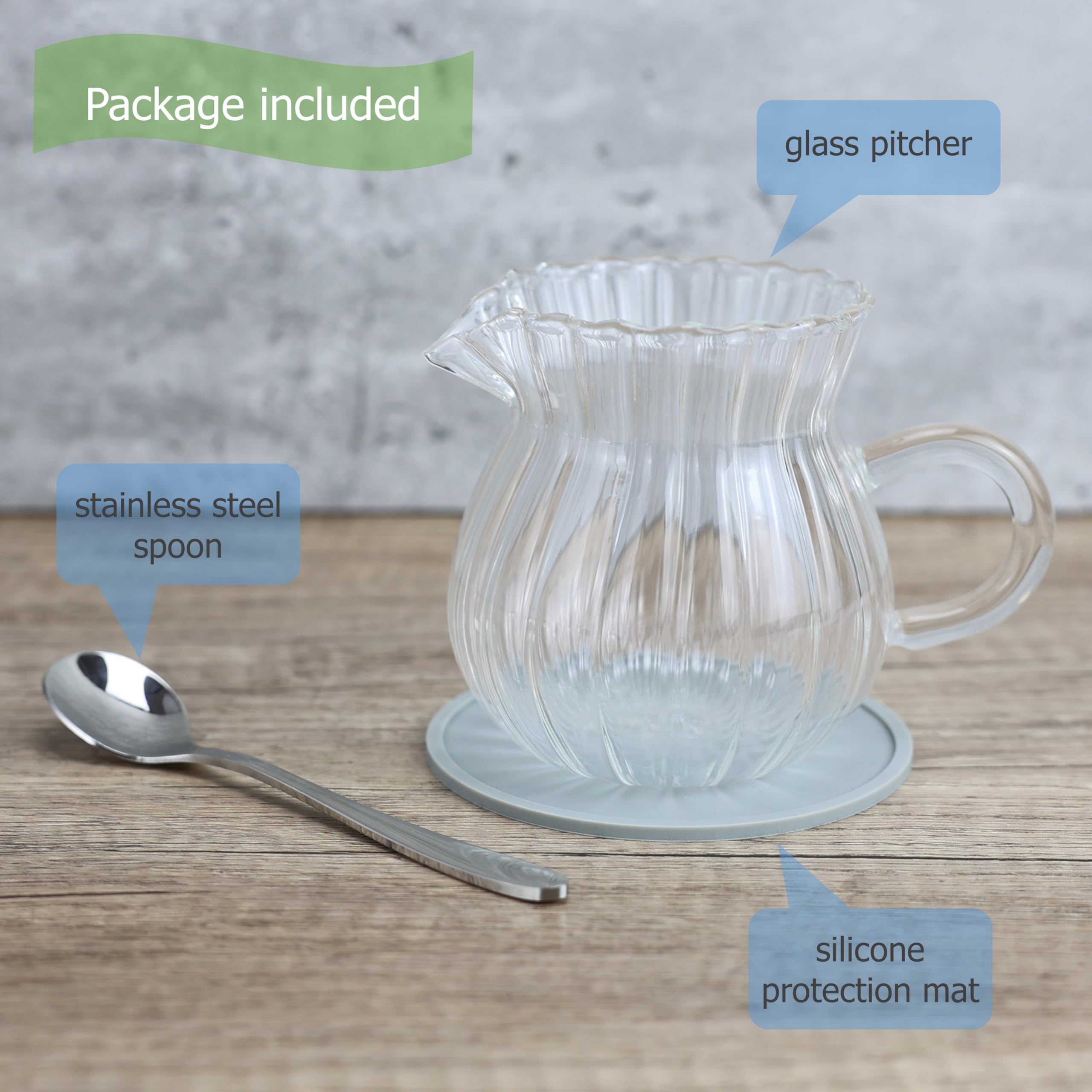 EIKS 200 ml Glass Creamer Pitcher with Handle and Spoon for Serving Coffee Milk Cream Tea Beverage Sauce Jam dressings