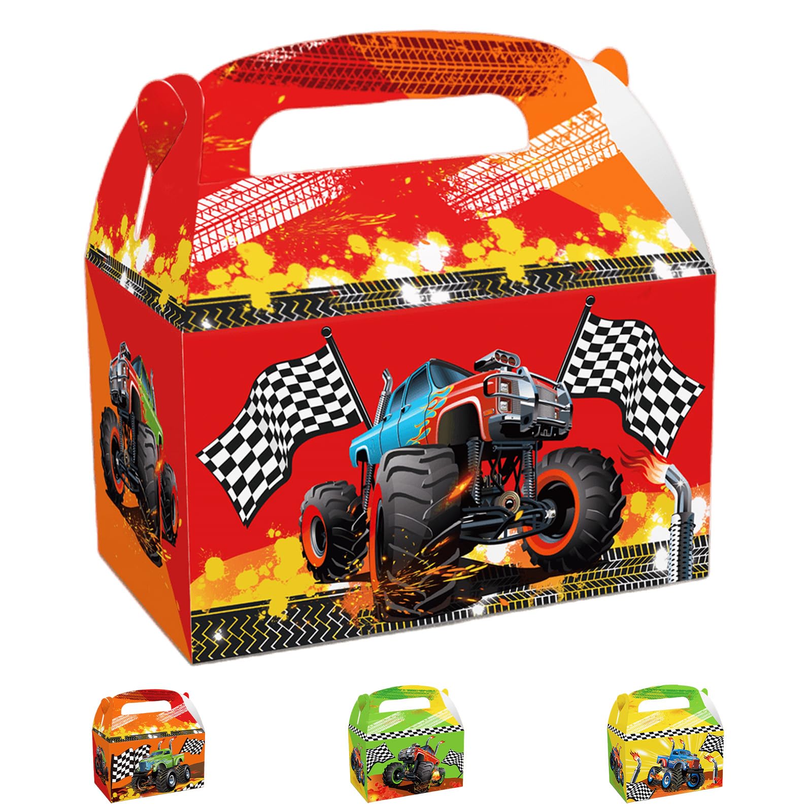 Truck Party Favor Goodie Gift Boxes 4 Pcs Monster Truck Party Treat Boxes for Boys Monster Truck Car Theme Birthday Party Racing Car Cookies Gift Box with Handle for Birthday Baby Shower Party Decor