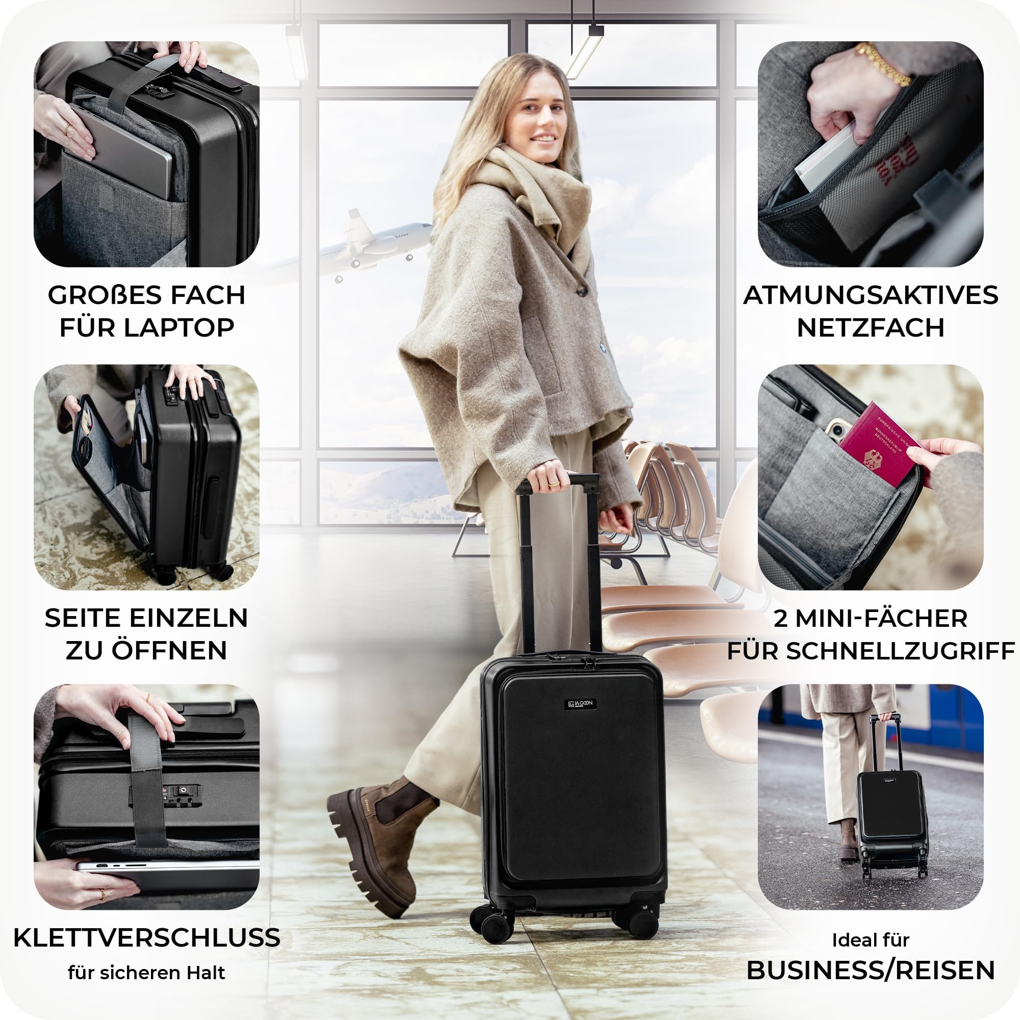 LA GOON Handgepäck Koffer - 100% PC (Polycarbonat) - Laptopfach - Fronttasche - Business - Rollkoffer Handgepäck [TSA Zahlenschloss] Carry-Ons, Trolley