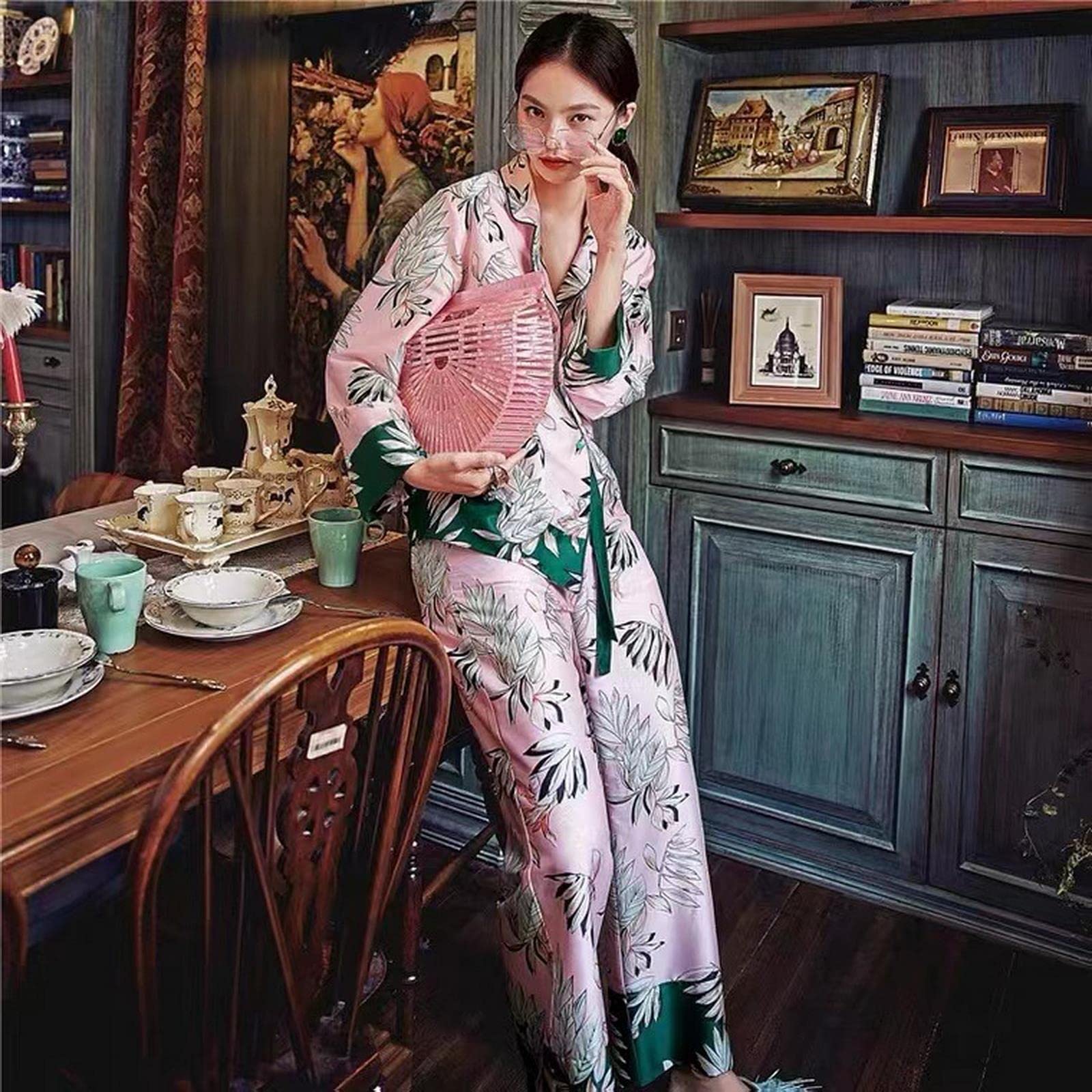 Pigiama Donna Stampa Floreale Donne Pigma Set Rosa Inverno Inverno Signore Abiti da Casa Autunno Pijama 2 Pezzi con Pantaloni Indossa