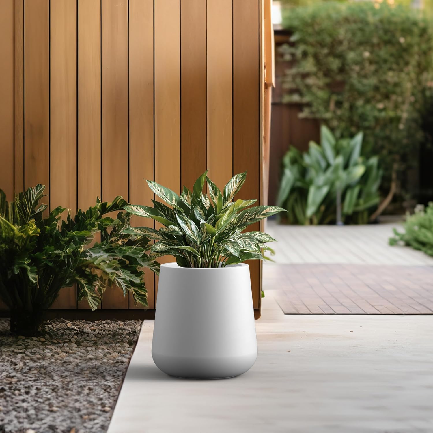 Kante 11.8-Inch Dia Round Concrete Garden Pot with Drainage Hole & Rubber Plug - Indoor/Outdoor Lagre Plant Pot for Home, Garden, Patio, White