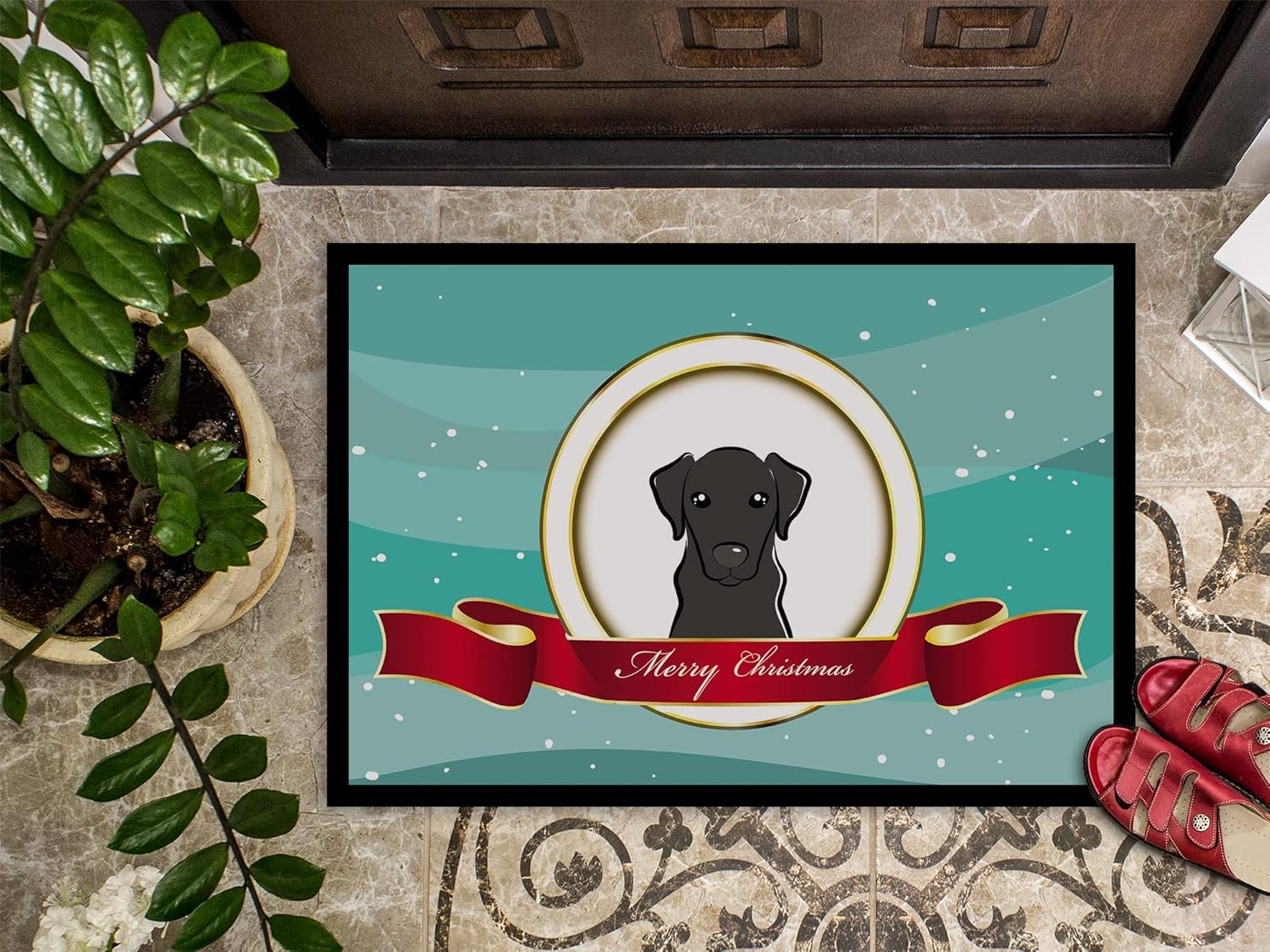 Caroline's Treasures BB1545MAT Black Labrador Merry Christmas Doormat 18x27 Front Door Mat Indoor Outdoor Rugs for Entryway, Non Slip Washable Low Pile, 18H X 27W