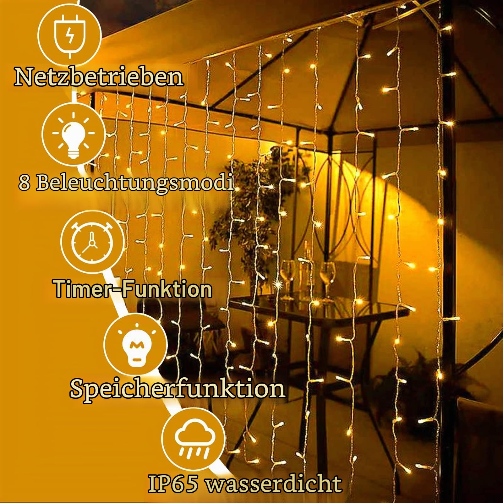 Joycome 2 Stück Lichtervorhang 3m x 3m 300 LED Lichterketten Vorhang | Stecker/8 Modi/Wasserdicht Lichterkette Wand für Zimmer Balkon Party Pavillon Decke Terrassen Hochzeitsdeko (Warmweiß)