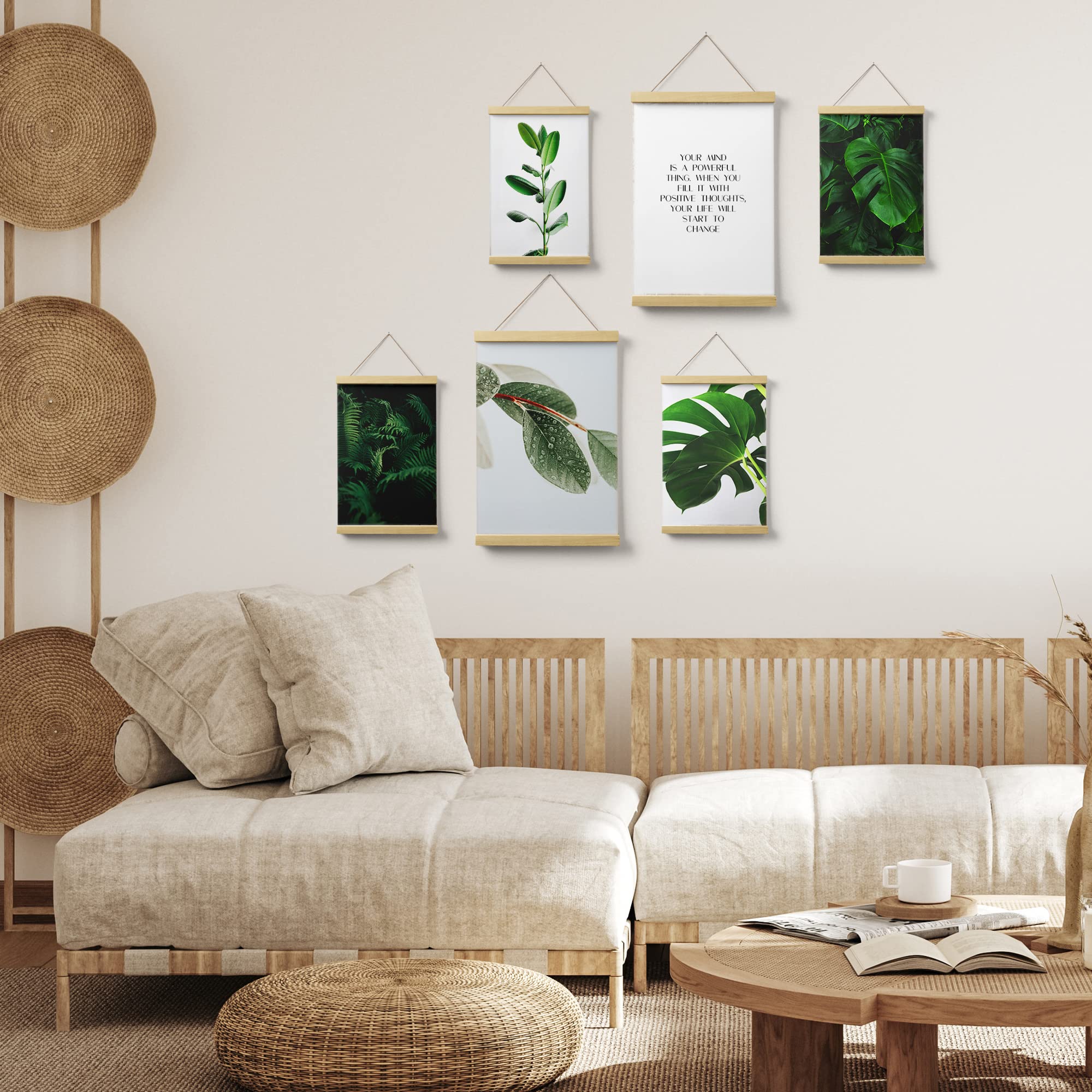Feeby Posterleiste Boho Monstera Blätter 80x90 cm 2 x DIN A3 & 4 x DIN A4 Eiche Magnetische Poster-Hänger Posterhalter Posterschiene Posterrahmen Wohnzimmer Schlafzimmer Bild Bilder Pflanzen Grün