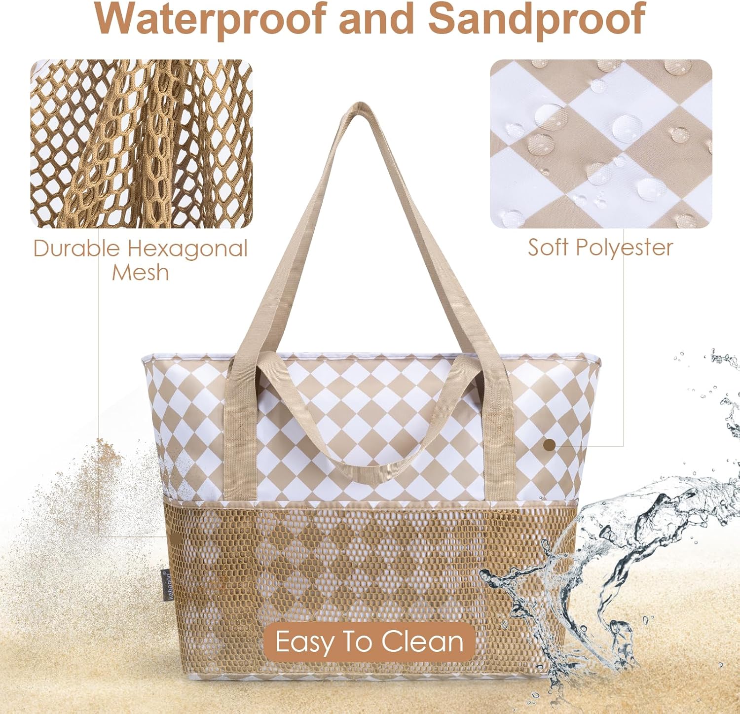 KABAQOO Large Beach Bag Waterproof Sandproof Tote Bag for Women with Zipper & Mesh Pockets for Pool Swim Travel Everyday - Image 4