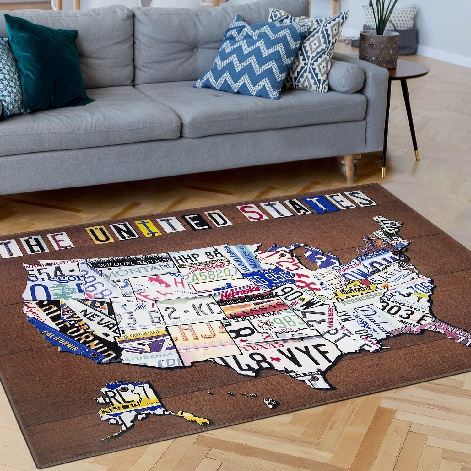 America United States License Plate Map Nylon Non-Slip Indoor Outdoor Area Rug Carpet 5-ft x 7-ft (60" x 84") Continental US for Office Home Living Dining Room Decoration