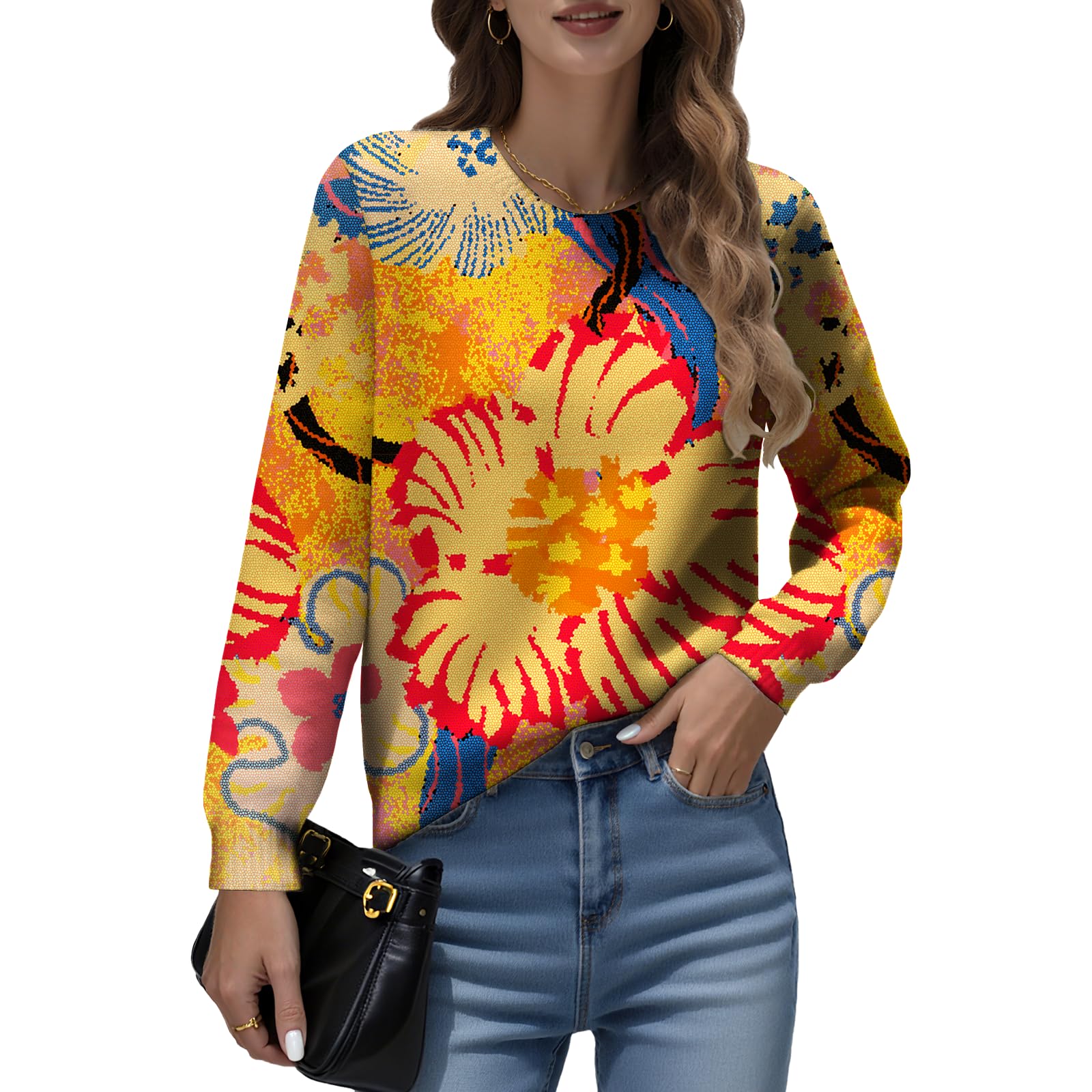 Crewneck Sweater for Women Boho Floral Print Causal Long Sleeve Ribbed Knitted Pullover Sweaters Fall Winter Jumpers