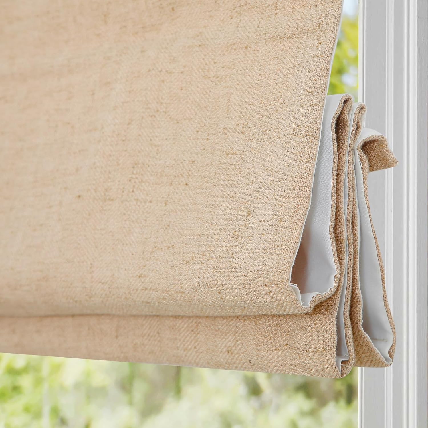 DEJAVU Cordless Linen Roman Shades for Windows, Washable Lined Fabric Roman Window Shades, Custom Blackout Light Filtering Roman Blinds for Doors, Kitchen Windows, Bedroom, Linen Beige