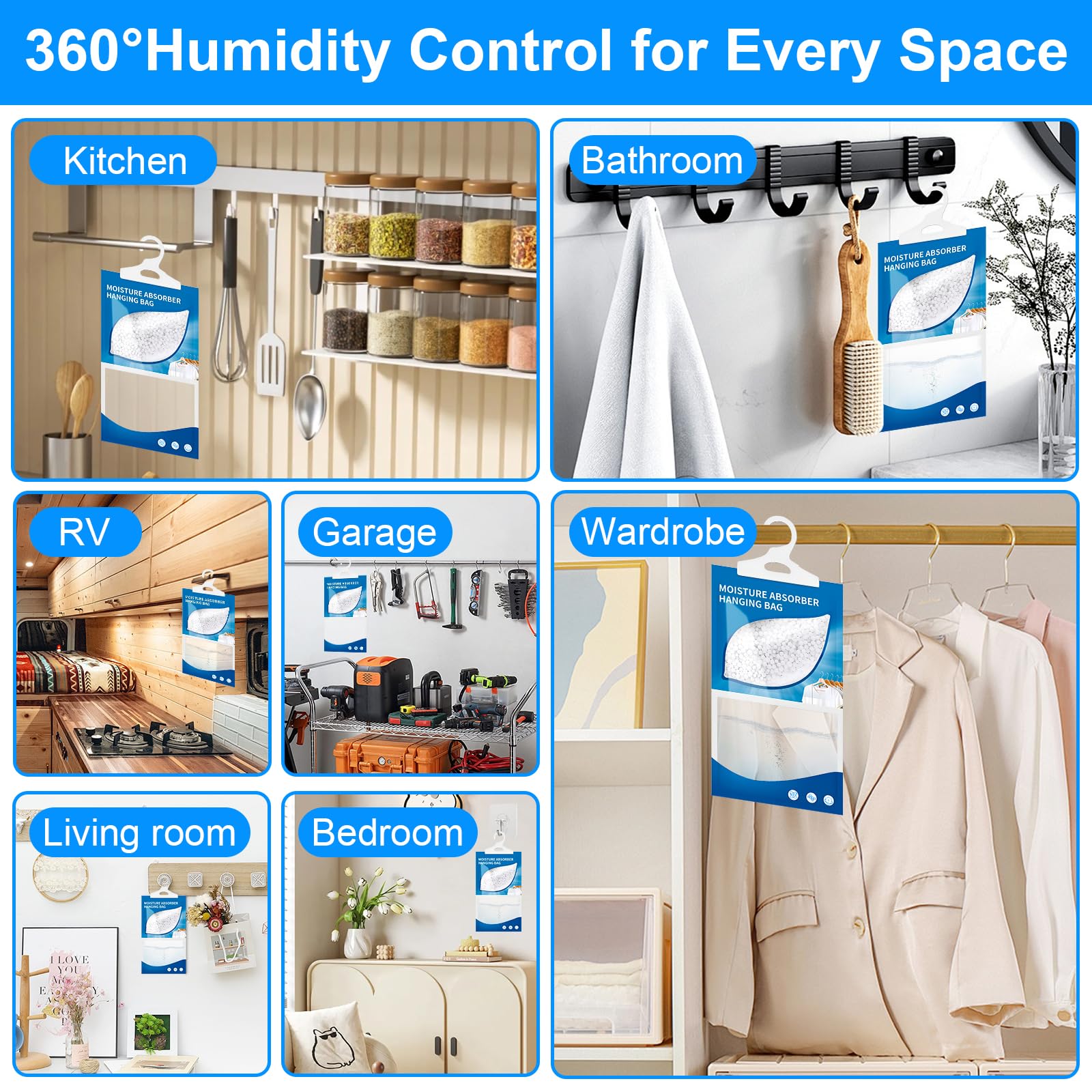 6 x 230g Absorbeur d'Humidité, Sachets Déshumidificateurs Suspendus pour Placard, Set Anti-Moisissure et Humidité pour Cuisine, Salle de Bain, Garde-Robe, Voiture, Élimine les Odeurs