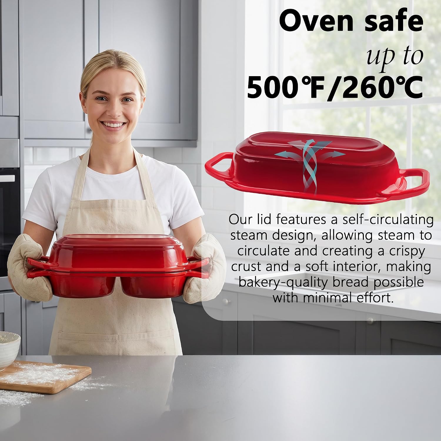 Double Mini Dutch Oven for Sourdough Bread Baking, 2.2QT Enameled Cast Iron Bread Oven with Lid, Beginner Friendly,Silicone Gloves, 500°F Safe, Dual Round Bread Loaf Pan for Homemade Baking Red