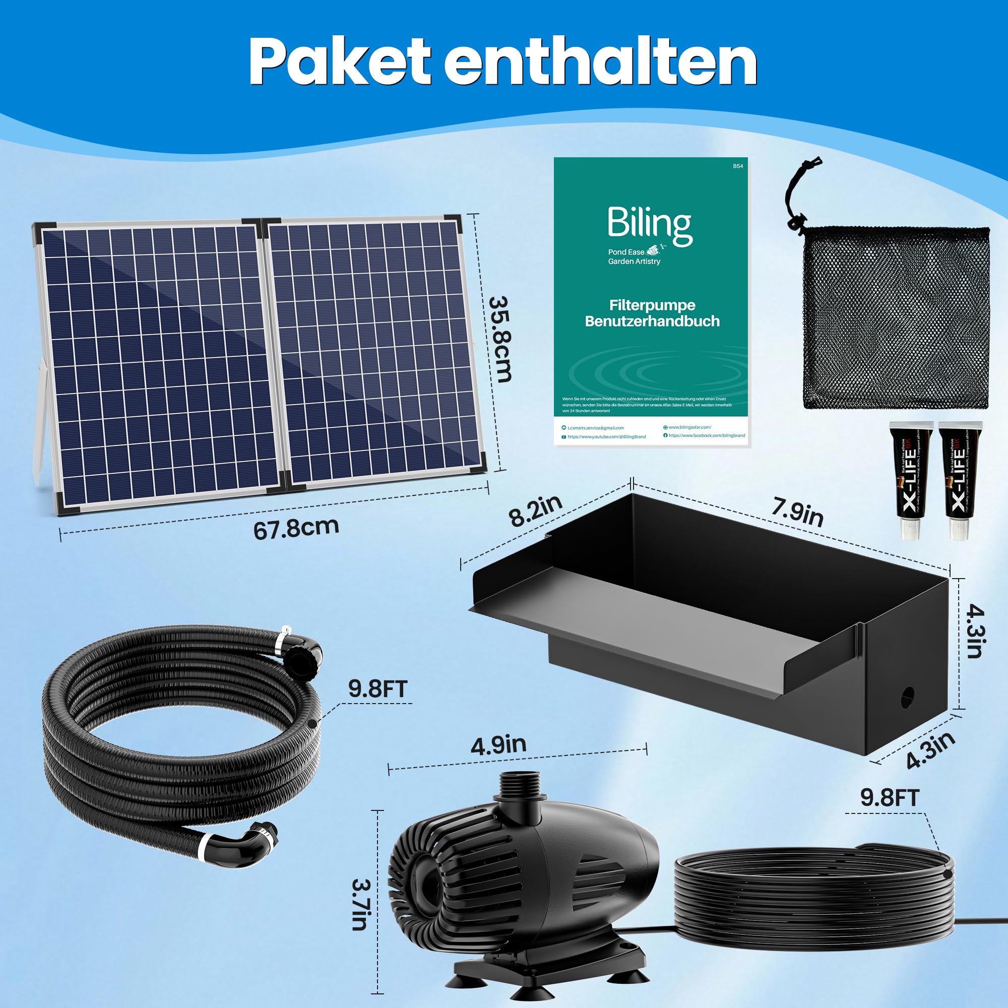 Biling Set de 70 W solar para estanque, cascada, 30 cm, acero inoxidable, bomba de rebosadero, cascada y tubo duradero, decoración para estanques de koi, piscina, arroyos, estanques de jardín, terraza