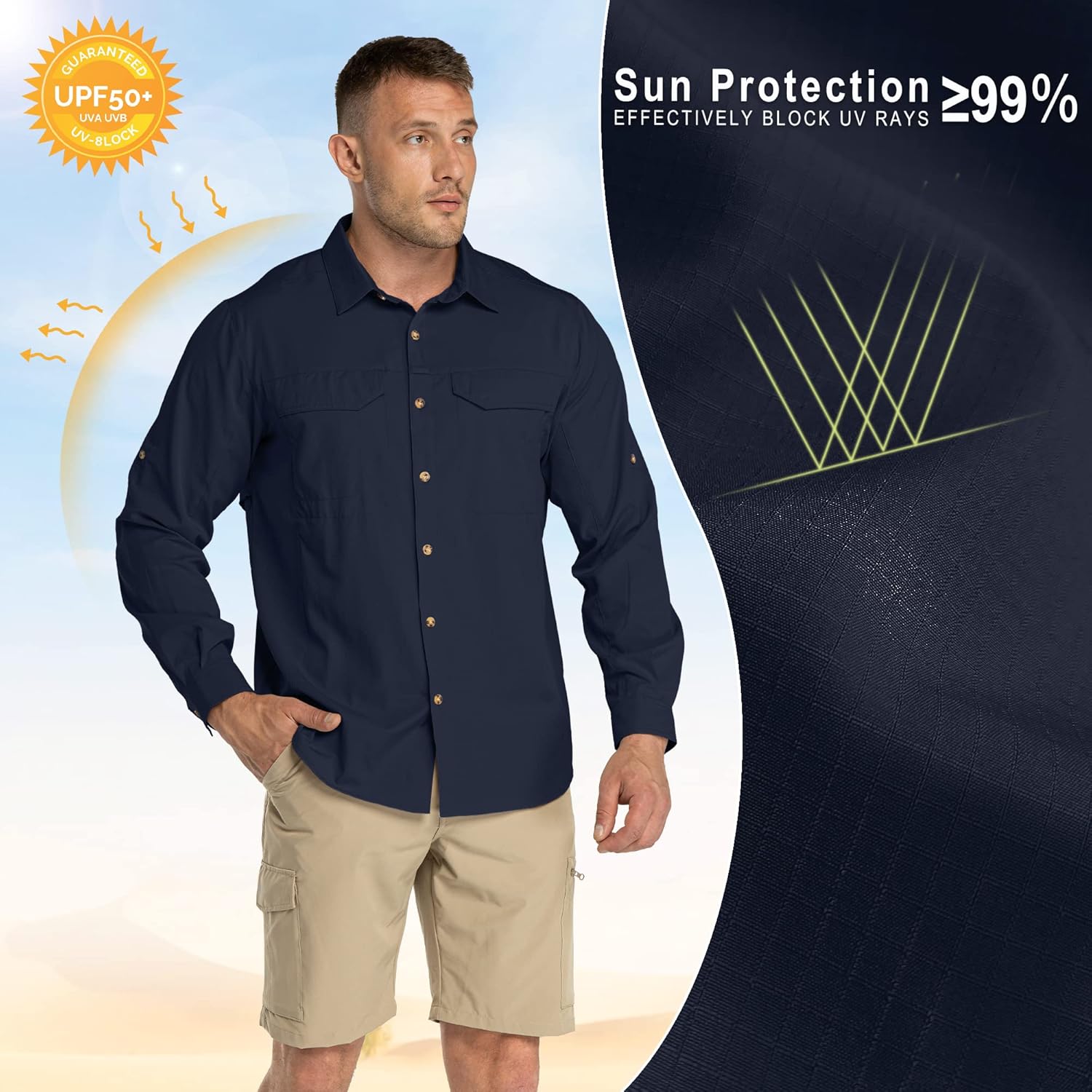 33,000ft Men's Long Sleeve Hiking Shirts Lightweight Quick Dry Sun Protection UV UPF 50 Fishing Shirt Outdoor Safari Travel - Image 2