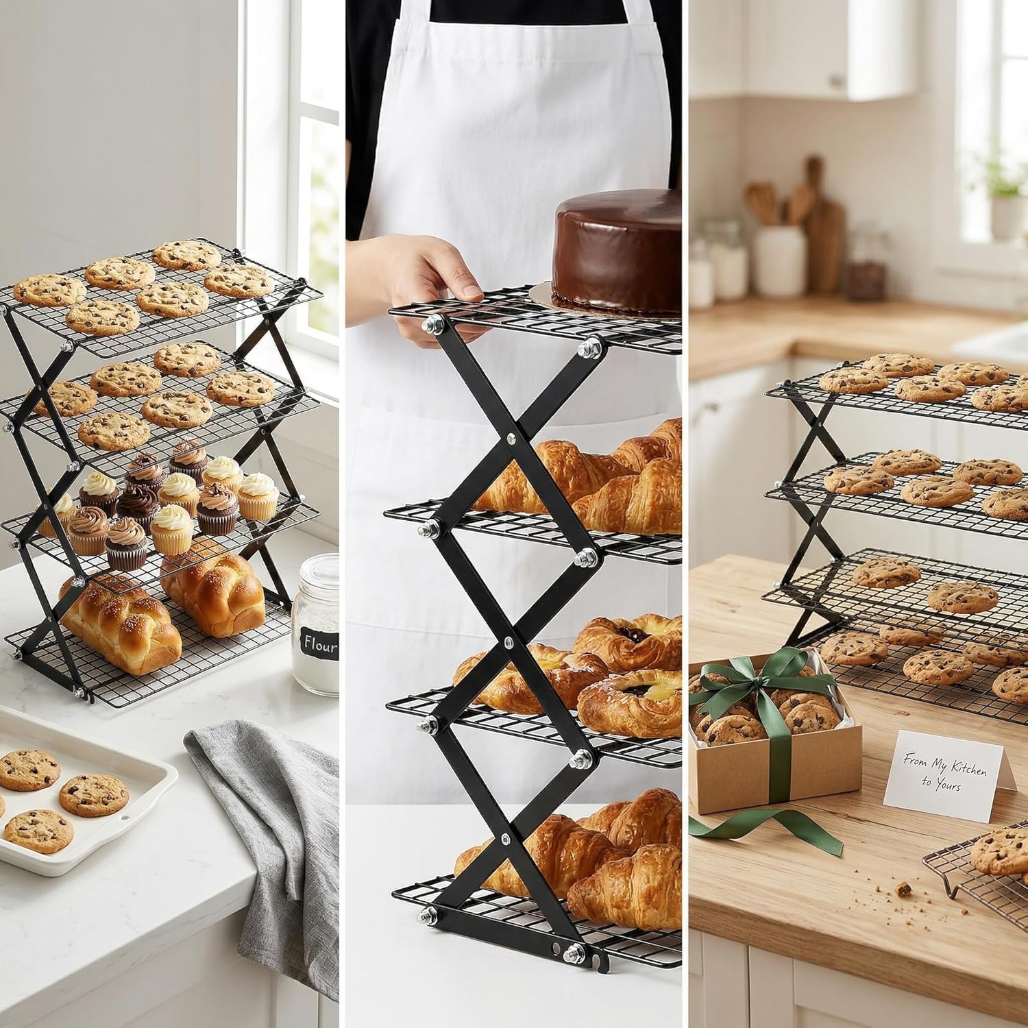 4-Tier Foldable Cooling Rack, Cooling Racks for Cooking and Baking, Baking Rack & Bread Rack for Cookies, Cakes, Breads, Space-Saving Design. (Black, 4-Tier)