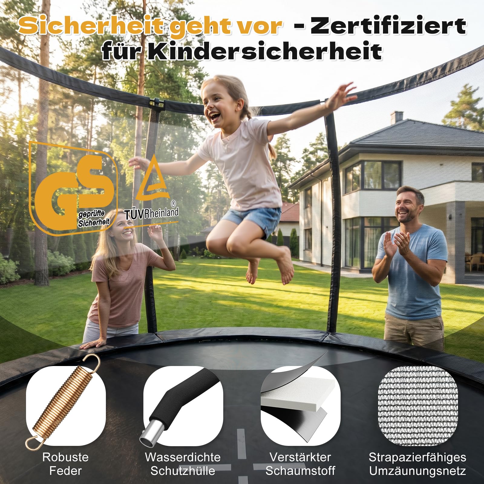 JUMMICO Trampolin Outdoor Ø 228/305/366/427/488 cm mit Schutznetz und Leiter, GS-geprüftes Freizeit-Trampolin für Kinder und Erwachsene, Rahmen mit Rostschutzbeschichtung, Belastbarkeit 150kg