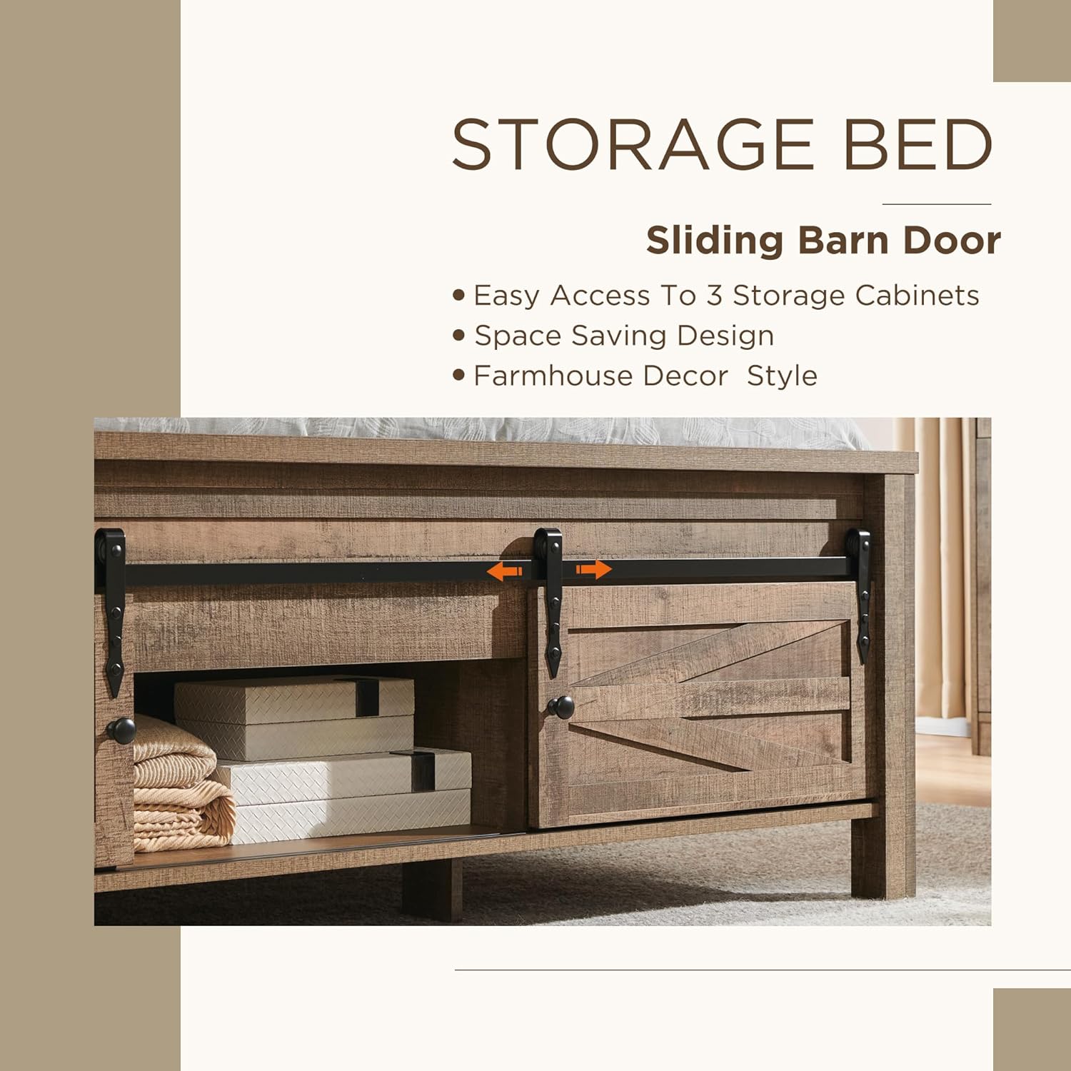 Close-up of the sliding barn door storage at the footboard of the JXQTLINGMU bed frame, showing items stored inside.
